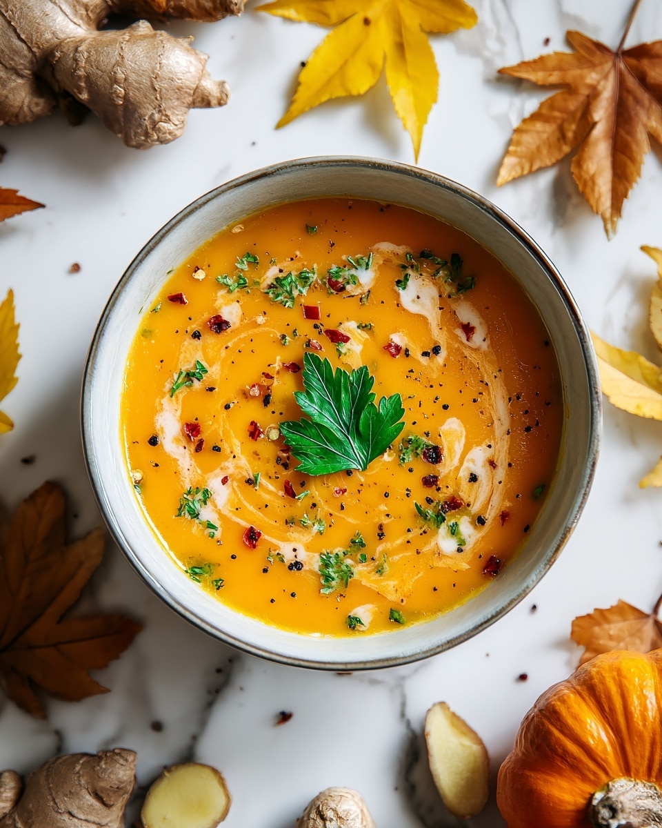 A top view of a bowl filled with creamy orange soup, the soup surface is smooth with small swirls of cream and sprinkled with black pepper, red chili flakes, and green herbs. On top, a bright green parsley leaf lies in the center, surrounded by tiny chopped herbs. The bowl is white with a soft grey rim, sitting on a white marbled textured surface. Around the bowl are various autumn leaves in yellow and brown tones, pieces of fresh ginger, and a small pumpkin, creating a cozy fall setting. Photo taken with an iphone --ar 4:5 --v 7