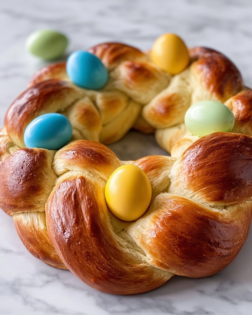 A shiny braided bread wreath with a golden brown top and soft light beige inside sits on a white marbled texture. The wreath is round and thick, made of braided dough strands twisted together. Four colored eggs sit nestled in the bread: a bright blue egg near the top left, a pale green egg on the top right, and two yellow eggs placed opposite each other at the bottom right and center-left. The bread surface shows a smooth, glossy finish with soft shadows enhancing its round shape. photo taken with an iphone --ar 4:5 --v 7