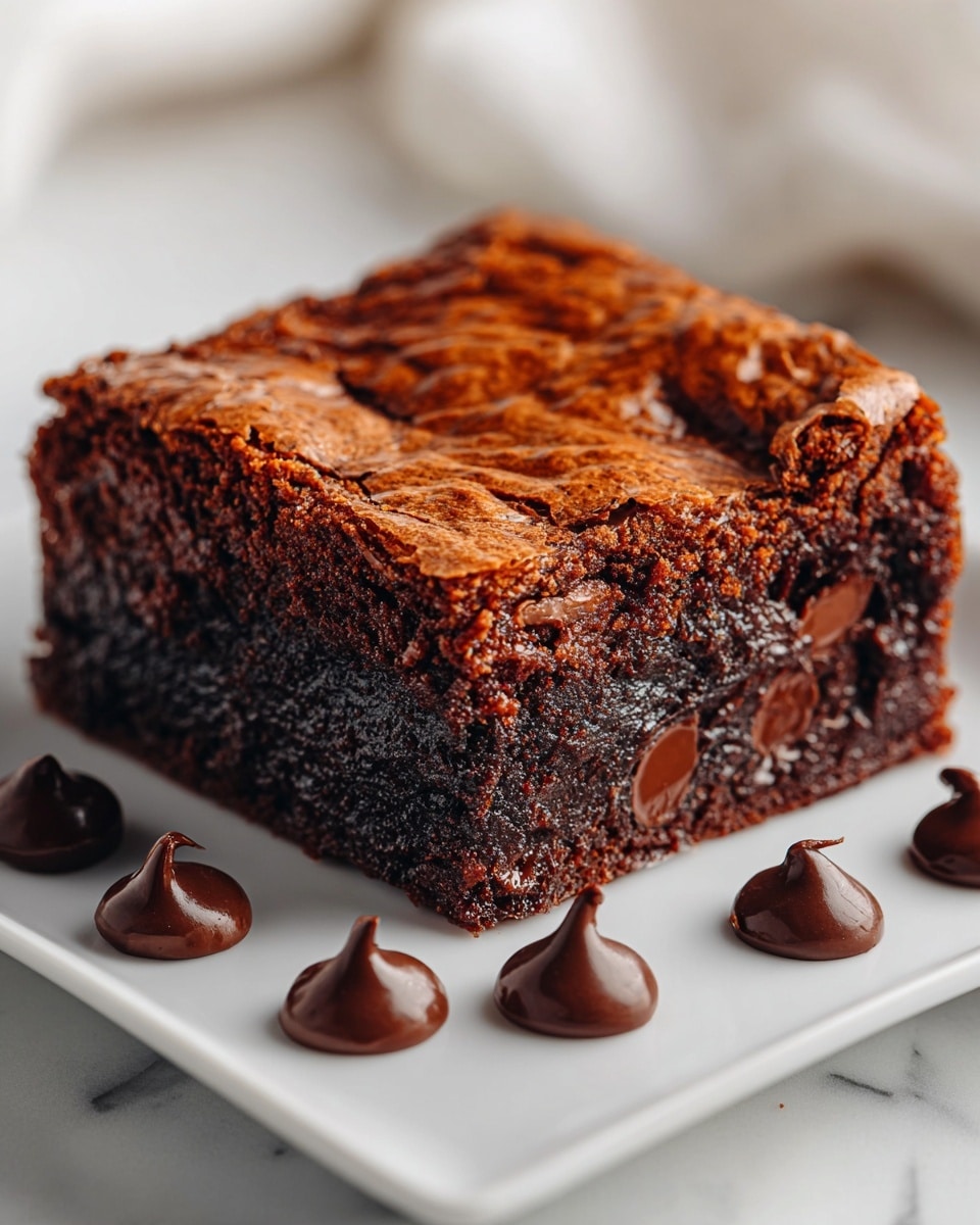 A thick, rich chocolate brownie with a shiny, cracked top layer showing the texture of baked crust, sitting on a white square plate. The middle layer is dense and moist with gooey melted chocolate chips visible inside, adding a glossy and soft texture. Around the brownie on the plate, there are several small dollops of smooth, dark chocolate, shiny and thick. The plate rests on a white marbled surface, softly lit to highlight the fudgy texture of the brownie and the smoothness of the chocolate drops. photo taken with an iphone --ar 4:5 --v 7