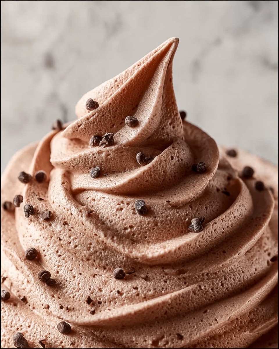 The image shows a close-up of a single thick swirl of smooth, light brown chocolate mousse with small dark chocolate chips sprinkled all over its textured surface, creating a rich and creamy look. The mousse has fine air bubbles and peaks that highlight its light and fluffy texture, forming one main tall peak in the center with lower swirls around it. The background features a white marbled texture that softly contrasts with the mousse. Photo taken with an iphone --ar 4:5 --v 7