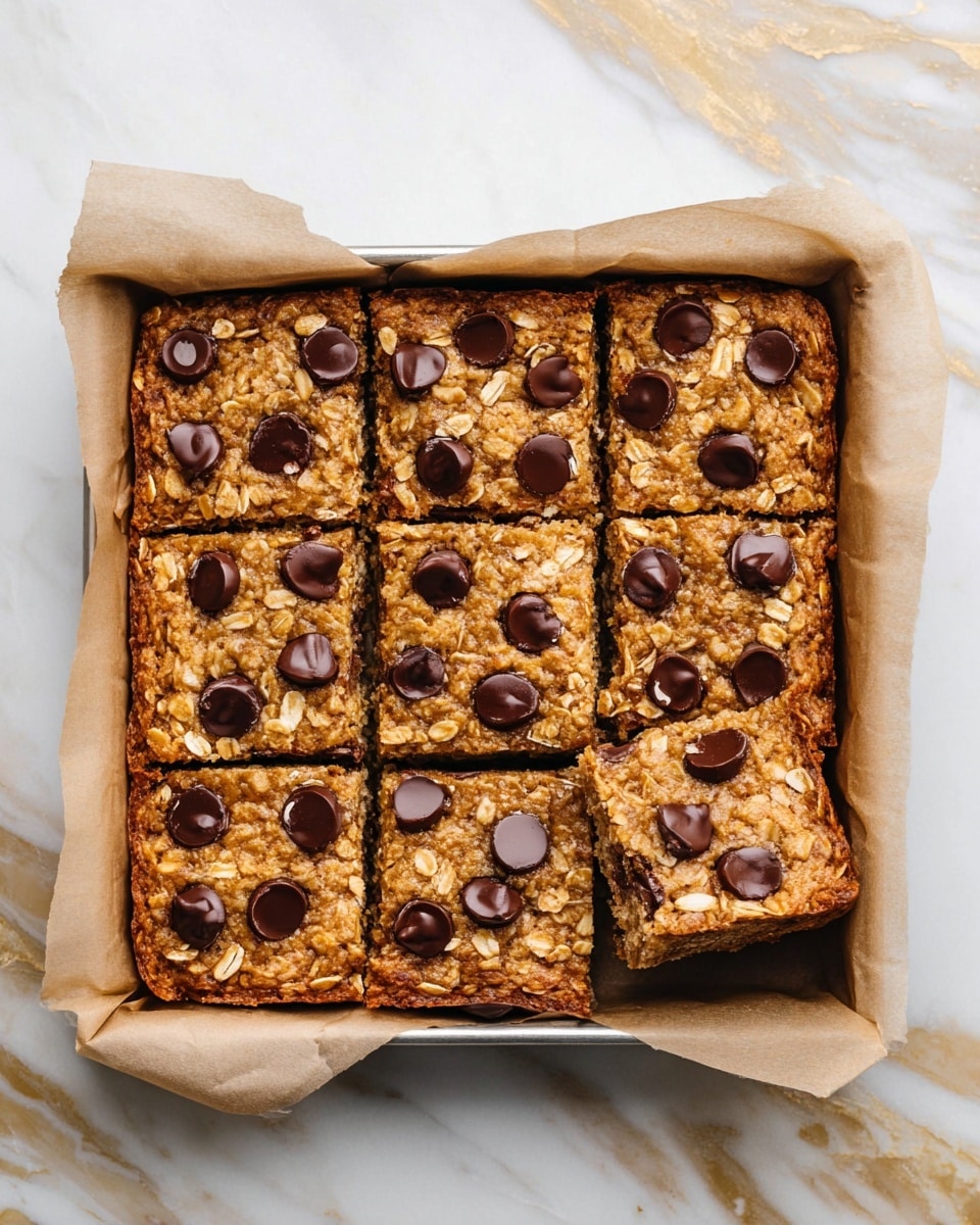 A tray lined with parchment paper holds nine square bars of baked oatmeal, each with a golden-brown color and a soft, slightly spongy texture. The top layer is dotted with evenly spread, glossy dark chocolate chips and visible whole oatmeal flakes, giving a mix of smooth and rough textures. Two of the squares are slightly pulled apart on the right side, showing the thick but tender inside. The tray sits on a white marbled surface with some golden streaks in the background. photo taken with an iphone --ar 4:5 --v 7