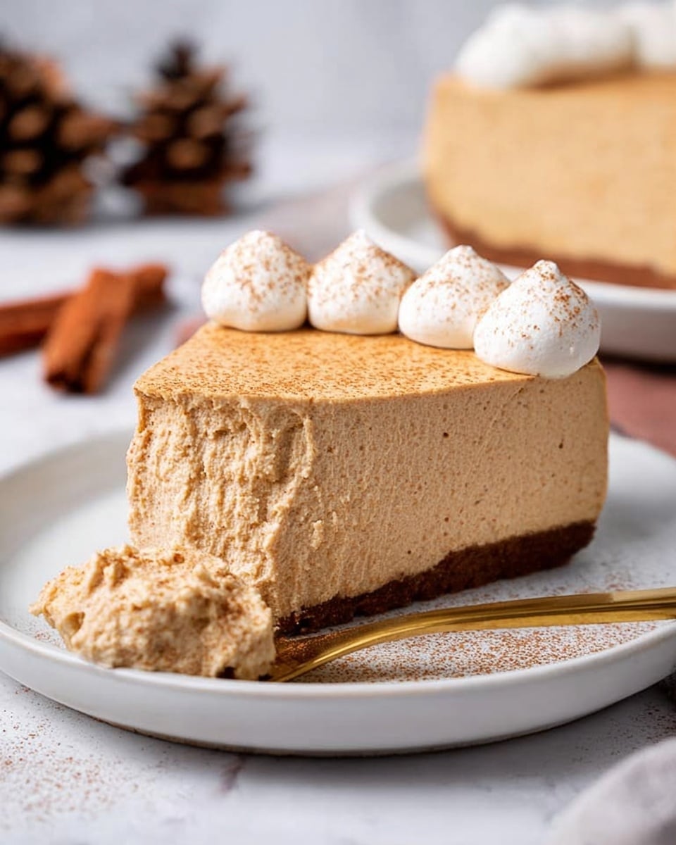 A thick slice of three-layer pumpkin mousse pie sits on a white plate on a white marbled surface. The bottom layer is a thin, solid, dark brown crust. The second and largest layer is a light brown, smooth and fluffy mousse with visible tiny air holes throughout. The top edge is flat and clean-cut. On top of the slice, there is a row of five small white whipped cream dollops dusted lightly with cinnamon powder running along the back edge. A gold fork rests on the plate near the crust, holding a small scoop of the mousse in front of the slice. In the background, part of another mousse pie slice is on a white plate and there are small brown pine cones and cinnamon sticks scattered near the back. Photo taken with an iphone --ar 4:5 --v 7