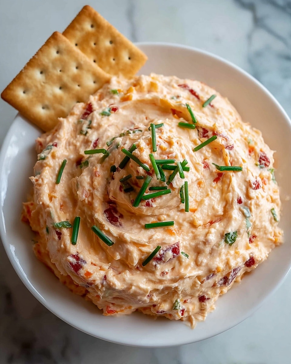 A close-up of a creamy dip in a white bowl, with a thick texture swirled into a small peak in the center. The dip is light orange with visible small pieces of red bits and green herbs mixed throughout, giving it a colorful look. The top is decorated with small green chives scattered gently over the surface. On the right side of the bowl, two square beige crackers lean against the creamy dip. The background shows a white marbled surface. photo taken with an iphone --ar 4:5 --v 7