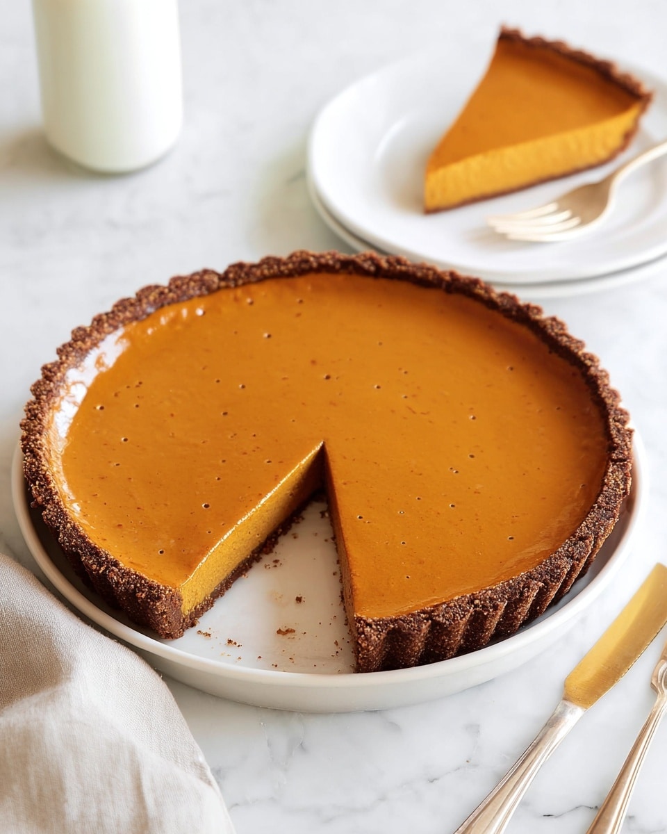 A round pumpkin pie with a smooth, glossy orange filling with small specks, resting in a dark brown crumbly crust, both on a white plate at the center of the image; a triangular slice is cut and removed, showing the thickness of the filling and crust; the slice is placed on a white plate in the upper right corner with a silver fork beside it; a gold knife lays to the lower right of the pie on a white marbled texture surface; a glass bottle of milk is blurred in the background on the left side, photo taken with an iphone --ar 4:5 --v 7