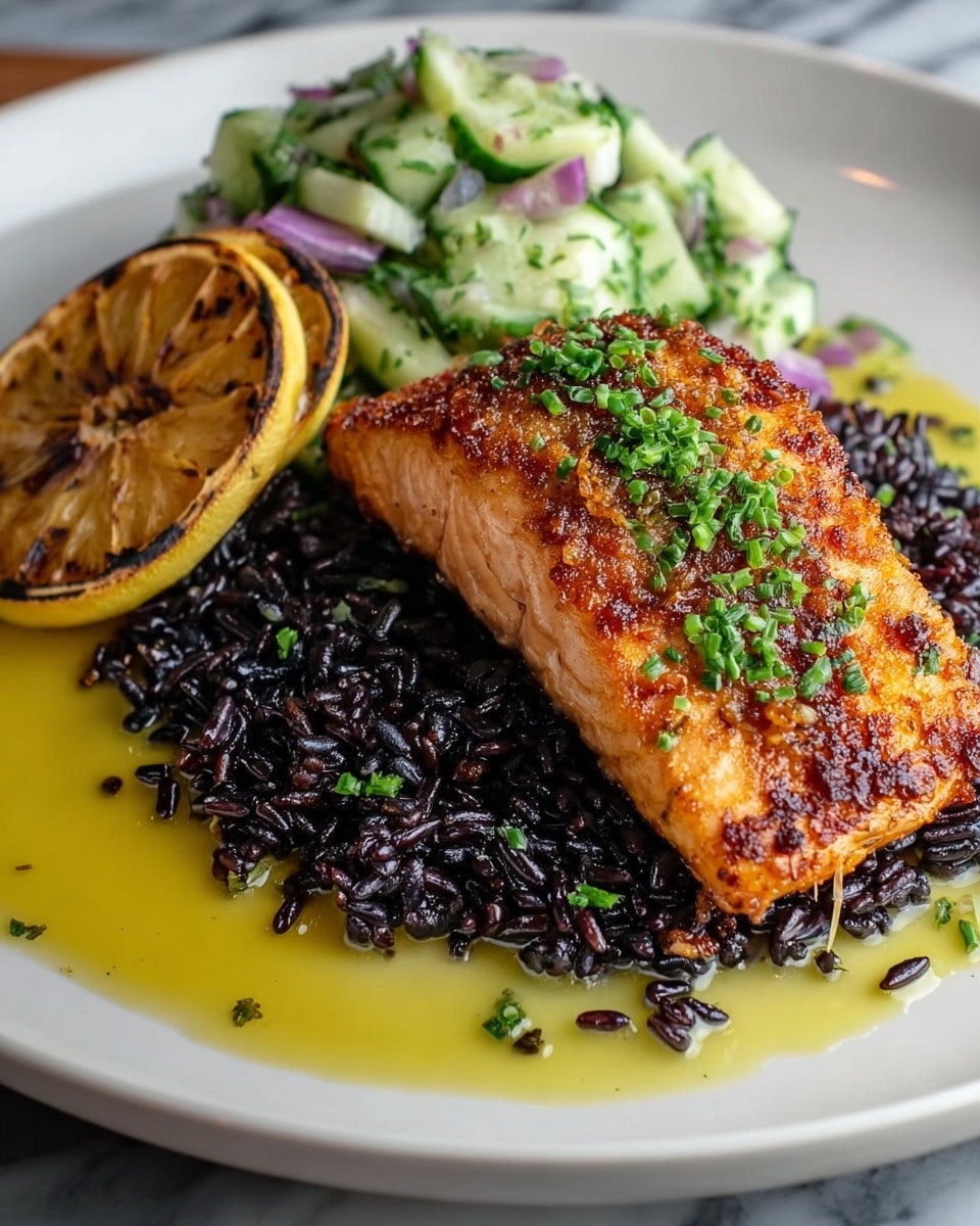 A white plate holds a dish with three main layers: the base is a bed of shiny, black rice with a slightly sticky texture, topped by a thick, golden-brown salmon fillet with a crispy, textured crust and garnished with chopped green herbs. On the side, there is a small pile of fresh cucumber salad mixed with pieces of purple onion and green herbs, with a light coating of dressing. Two grilled lemon slices with char marks rest partially behind the salmon, and a yellow sauce pools around the base of the rice, adding a glossy contrast to the dark grains. The background surface is a white marbled texture. Photo taken with an iphone --ar 4:5 --v 7