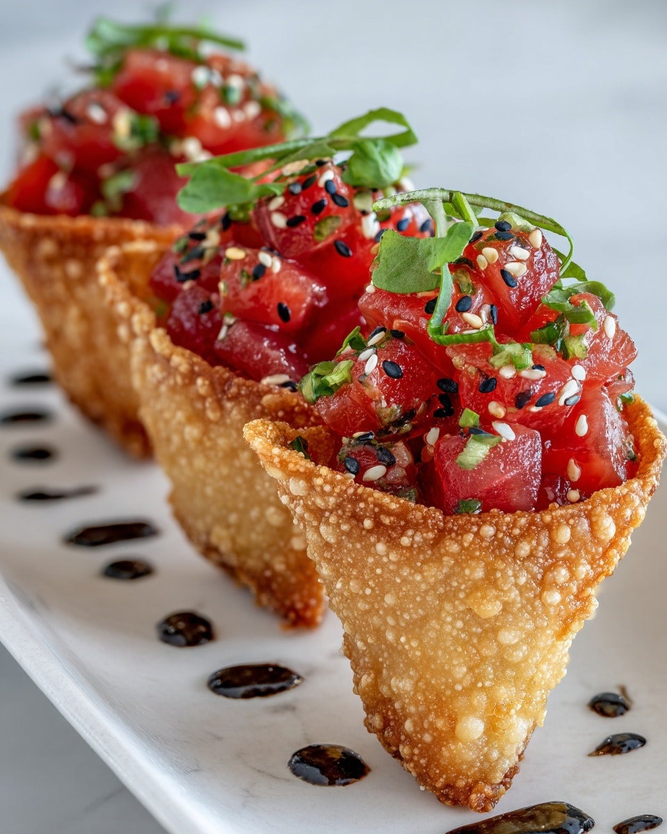 The image shows three crispy, golden-brown triangular cups with a rough, bubbly texture, each holding bright red chunks of raw fish. The fish pieces are glossy and topped with small green leaves and tiny black and white sesame seeds. These cups are placed in a line on a white plate with a clean white marbled texture underneath, and the edges of the cups stand upright, holding the ingredients neatly inside. Photo taken with an iphone --ar 4:5 --v 7