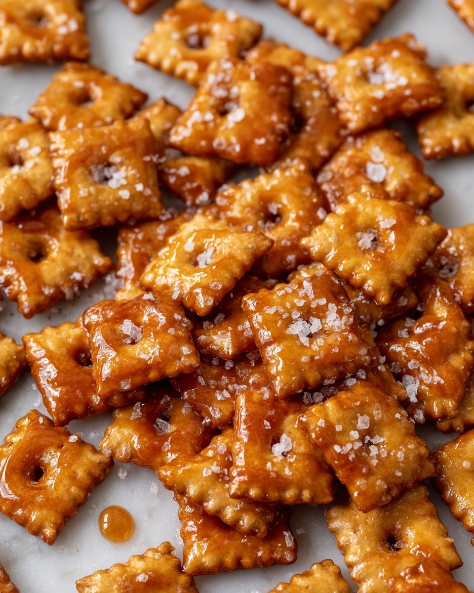 A close-up view of many small, square-shaped crackers coated with a sticky, shiny caramel glaze, piled together on a textured white marbled surface. Each cracker is golden brown with crinkled edges, and the caramel coating forms a glossy layer over them. Some crackers have a small hole in the center, while others are solid, all sprinkled with large grains of white salt that add texture and contrast. A few drops of caramel glaze can be seen pooled around the crackers. photo taken with an iphone --ar 4:5 --v 7