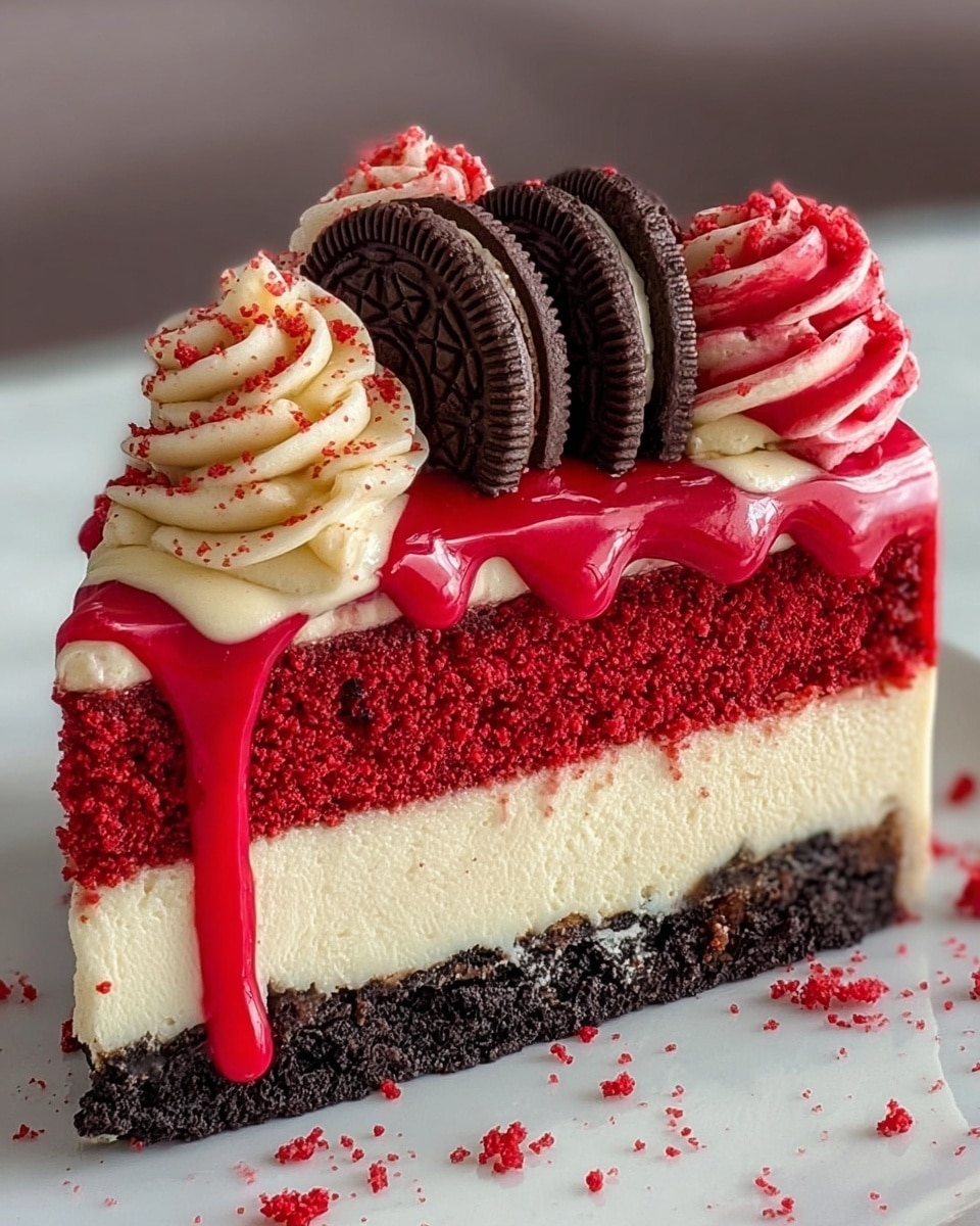 A slice of cake with four visible layers is shown; at the bottom is a dark, almost black crumbly crust, above that is a thick bright red textured cake layer, then a smooth off-white creamy layer, topped with a glossy red drip sauce that flows down the sides. On top of the cake, there are three chocolate sandwich cookies placed upright in the middle, surrounded by two red and two off-white swirls of creamy frosting, sprinkled lightly with red crumbs. The slice is on a white plate with a white marbled texture underneath. photo taken with an iphone --ar 4:5 --v 7