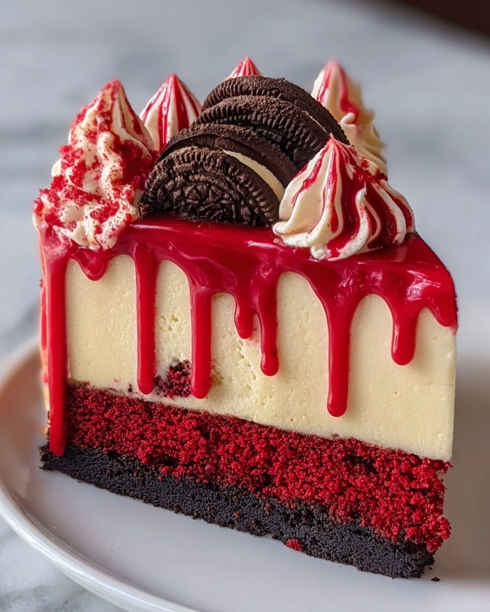 A slice of layered cake is shown with four distinct layers: the bottom layer is a dark, nearly black crumb crust; above it is a thick, vibrant red crumb cake layer; next is a smooth, creamy off-white cheesecake layer; the top is decorated with bright red glossy drizzle that drips down the sides, red and white swirled frosting dollops, and three whole chocolate cookies placed in the center. The cake slice sits on a white plate with a white marbled surface in the background. photo taken with an iphone --ar 4:5 --v 7