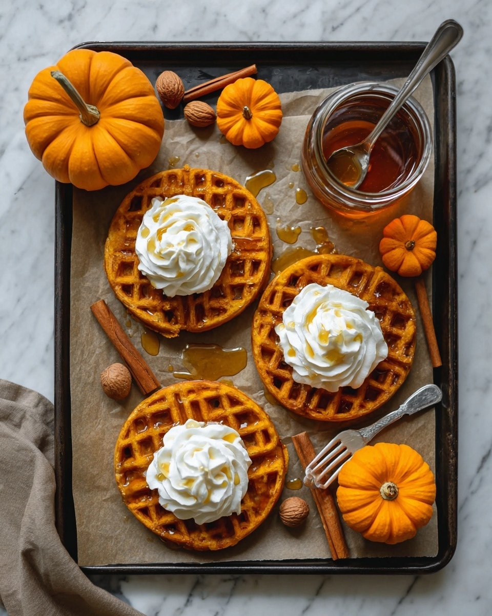 Three round orange-brown waffles sit on a piece of brown parchment paper placed inside a dark baking tray, arranged in a loose triangle. Each waffle has a thick swirl of white whipped cream on top, drizzled with light amber syrup. Around the waffles, there are small bright orange pumpkins, brown cinnamon sticks, and round brown nuts scattered casually. A glass jar filled with syrup and a spoon inside is placed near the top right waffle, and a silver fork lies next to the waffle on the right side. The tray is on a white marbled texture surface. photo taken with an iphone --ar 4:5 --v 7