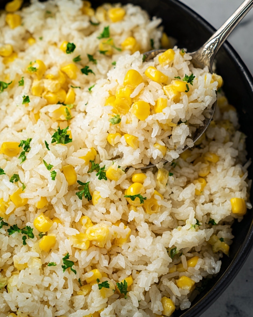 A close-up image of white cooked rice mixed with bright yellow corn kernels and scattered small green parsley leaves throughout. The rice looks fluffy and moist, with individual grains visible, while the corn adds a pop of color and texture. A silver spoon is scooping some rice and corn from a black bowl. The background is a white marbled texture. photo taken with an iphone --ar 4:5 --v 7
