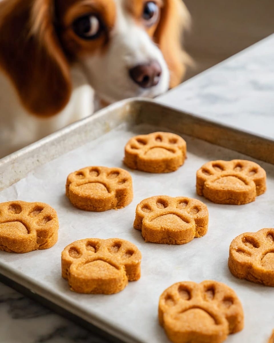 A close-up view of a metal baking tray lined with parchment paper holding several thick, round cookies shaped like animal paw prints. Each cookie is a warm golden-brown color with textured paw pad details on top. In the background, a dog with light brown and white fur watches the cookies closely, its large eye focused on the treats, against a white marbled surface. photo taken with an iphone --ar 4:5 --v 7