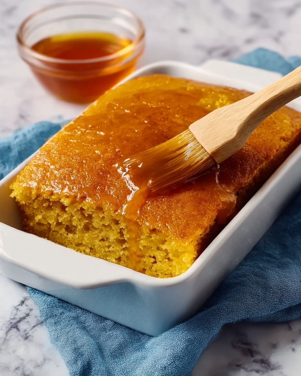 A square piece of golden brown cornbread sits in a white rectangular dish, resting on a blue cloth over a white marbled surface. The cornbread has a moist, slightly crumbly texture, with a shiny golden glaze being brushed on top by a wooden pastry brush. In the background, there is a small glass bowl of amber-colored honey or syrup. Photo taken with an iphone --ar 4:5 --v 7