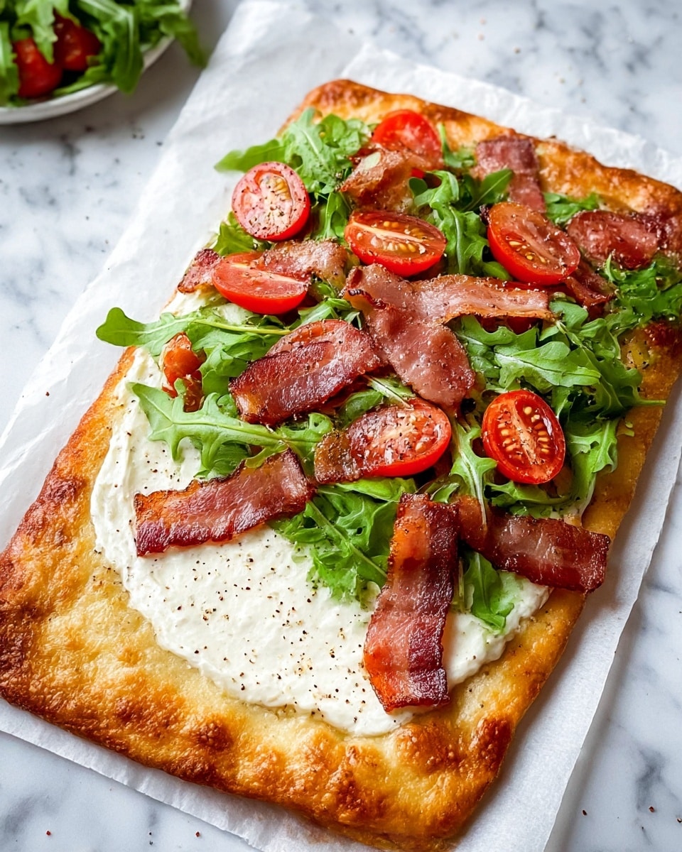 A toasted panini sandwich cut in half shows three main layers inside. The bottom layer is a smooth white cheese spread with green herbs on a golden toasted square bread base with grill marks. Above it are bright green fresh lettuce leaves, followed by two thin slices of red tomato. On top of the tomatoes is crispy, slightly curled bacon with a reddish-brown color. More of the white cheese spread with herbs is spread on the top toasted bread piece, which has dark brown grill marks and a golden crust. The sandwich rests on a white marbled surface with a few green herb leaves and black pepper around. photo taken with an iphone --ar 4:5 --v 7