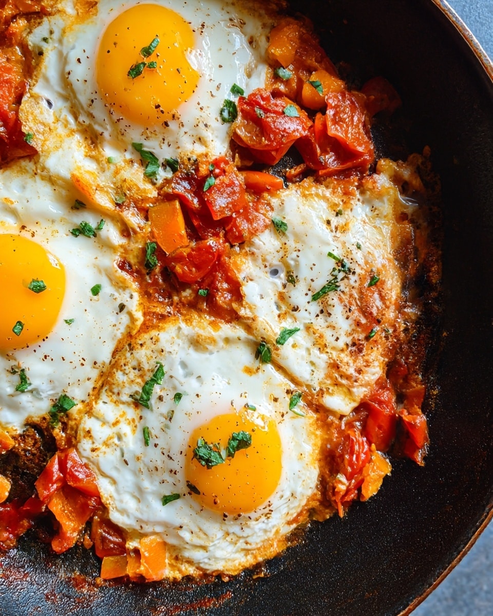 The image shows a black pan with three cooked sunny-side-up eggs, each having bright yellow yolks and white edges. Around and underneath the eggs, there are chunky pieces of cooked red tomatoes and orange bell peppers that add texture and color. Small green herb pieces are sprinkled on the eggs and vegetables, giving a fresh look. The pan’s surface has some cooked spots and a slight shine from oil. photo taken with an iphone --ar 4:5 --v 7