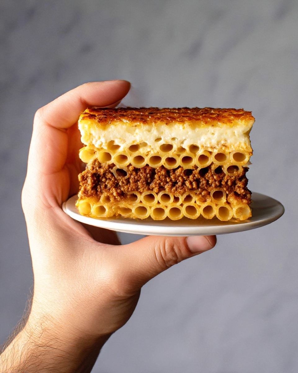 A three-layer slice of baked pasta dish held by a person's hand on a white plate is shown. The bottom layer consists of cooked short tube pasta in a light golden color, neatly stacked horizontally. The middle layer is a thick, crumbly ground meat sauce with a rich reddish-brown color, sitting evenly above the pasta. The top layer is a creamy, pale beige sauce baked to a light golden crust on the surface, creating a firm, smooth texture. The background is a clean white marbled texture. photo taken with an iphone --ar 4:5 --v 7