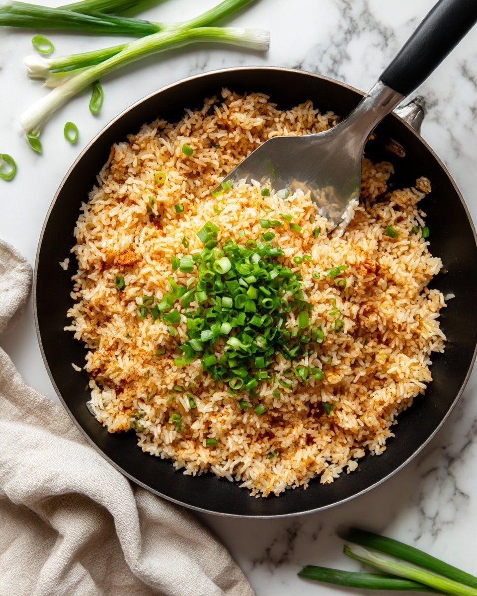 A close-up view of a black pan filled with cooked fried rice, showing a mix of light golden and slightly browned rice grains, topped with chopped bright green scallions scattered mainly in the center. The rice has a textured surface with some small browned bits adding contrast. A metal spatula with a black handle rests inside the pan, lifting some rice. Around the pan, there are a few loose scallion slices and a bunch of whole scallions lying on a white marbled surface. A beige cloth napkin is casually placed near the pan. Photo taken with an iphone --ar 4:5 --v 7