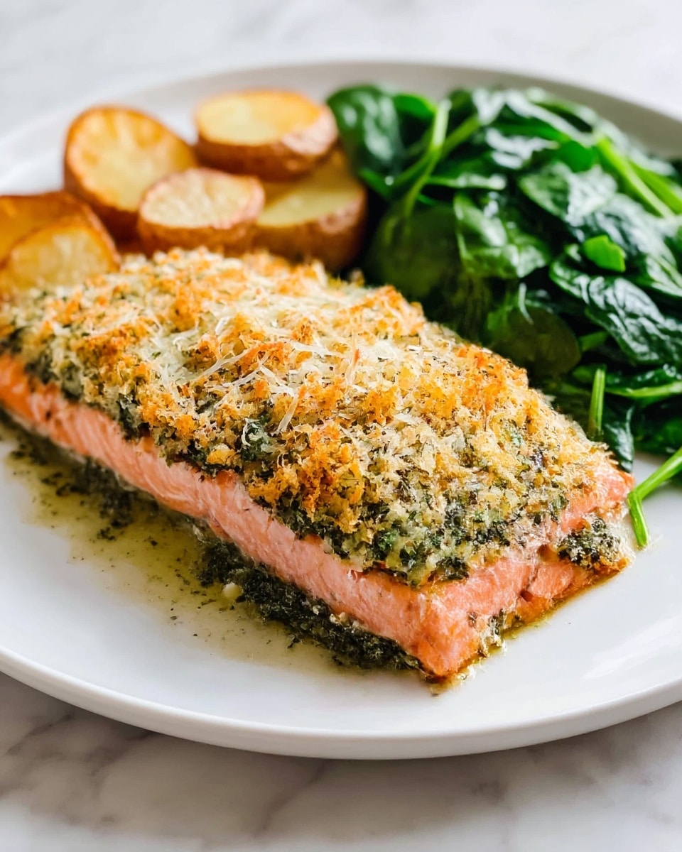 A white plate holds a cooked salmon fillet with three distinct layers: the bottom layer is pink and smooth, the middle layer has a green herb sauce with a slightly oily texture, and the top layer is a golden brown crispy breadcrumb crust mixed with grated cheese and herbs. To the right of the salmon, there is a pile of wilted, bright green leafy spinach with a glossy look. Behind the salmon, some slightly browned round potato slices are placed, showing a mix of light brown and pale orange colors. The plate sits on a white marbled surface. photo taken with an iphone --ar 4:5 --v 7