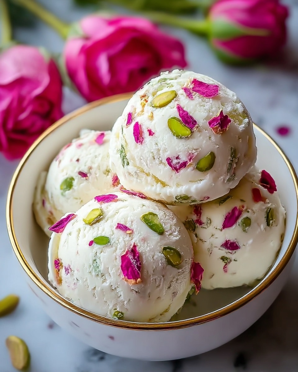A white bowl with a gold rim holds three scoops of creamy white ice cream, each scoop dotted with small green pistachio pieces and bright pink rose petal bits. The ice cream looks smooth with some textured edges where it has been scooped. The background shows soft, blurred pink rose flowers on a white marbled surface, adding a fresh and colorful feel to the scene. photo taken with an iphone --ar 4:5 --v 7