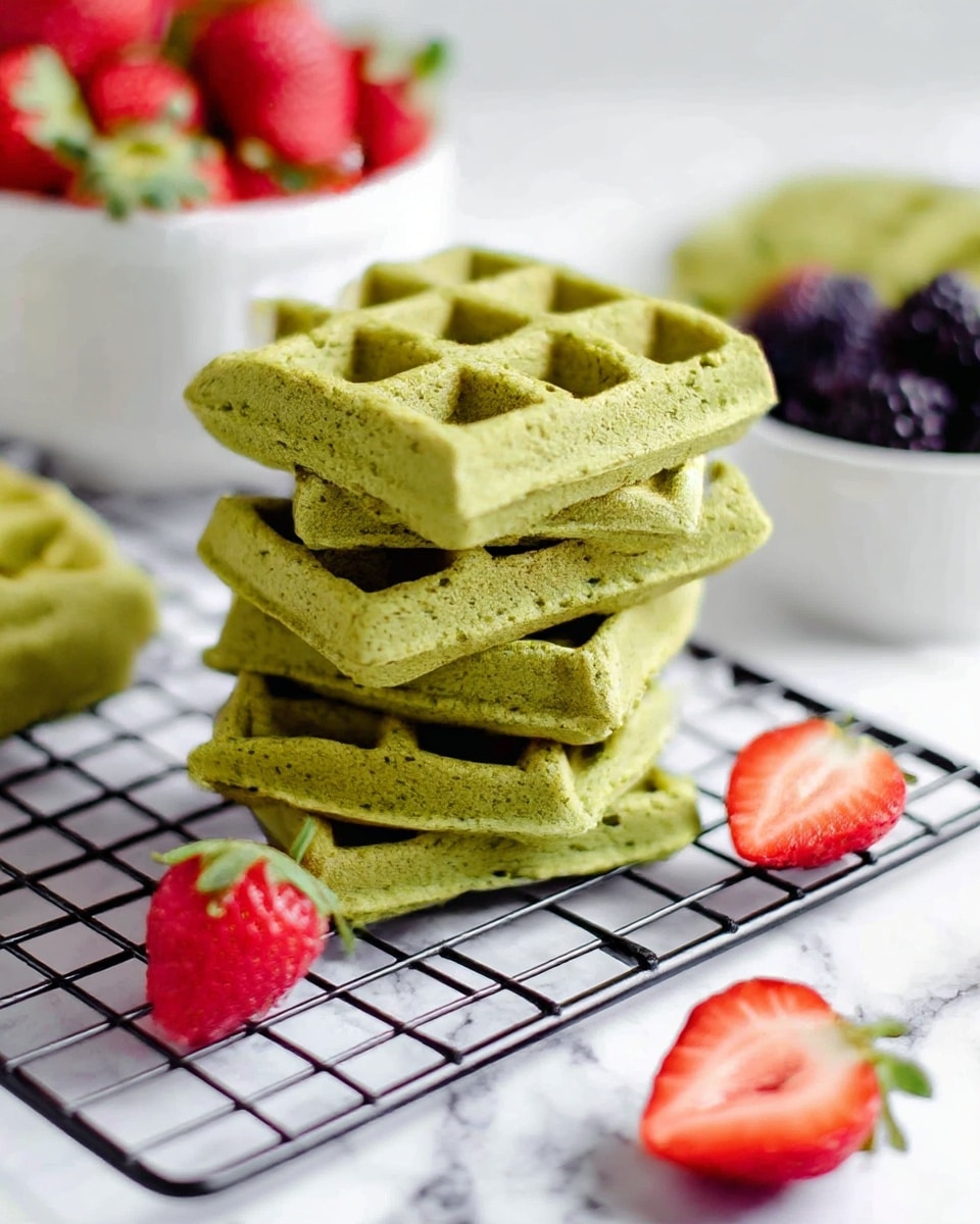 The image shows a stack of four green waffles with a slightly rough texture that suggests they might be made with matcha or spinach, placed on a black cooling rack over a white marbled surface. The waffles have a square grid pattern and are arranged vertically. In the background, there is a white bowl filled with fresh red strawberries with green leaves. Near the waffles, there are also some loose strawberries including one cut in half showing its red interior. To the right, part of a white bowl containing dark purple blackberries is visible. The scene is bright and fresh with a clean feel. photo taken with an iphone --ar 4:5 --v 7