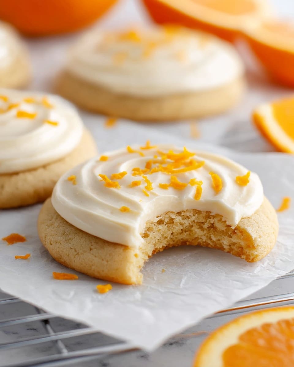 A close-up of two soft, light tan cookies on crumpled white parchment paper, sitting on a silver cooling rack over a white marbled texture. The cookie on top is decorated with one thick layer of creamy, white frosting swirled smoothly, topped with small bright orange zest bits scattered on the surface. The top cookie has a bite missing, revealing its dense and slightly crumbly inside. In the background, more cookies and halves of bright orange fruit are softly blurred. Photo taken with an iphone --ar 4:5 --v 7