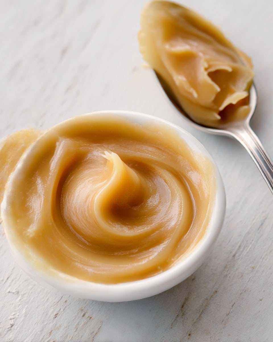 A close-up view of a smooth, creamy light caramel-colored spread with glossy texture swirling inside a small white bowl, with a gentle peak rising above the surface. Behind the bowl, a silver spoon holds a dollop of the same spread, showing its thick and sticky texture. The scene is set on a white marbled textured surface, emphasizing the rich and soft appearance of the spread. photo taken with an iphone --ar 4:5 --v 7