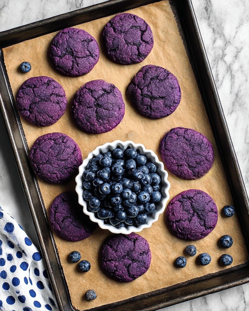 A dark metal baking tray holds ten round blueberry cookies arranged in three rows, each cookie having a cracked texture and deep purple color. In the center of the tray, slightly lower, is a white fluted tart pan filled with a pile of fresh, shiny blueberries with a rich blue color. Additional loose blueberries are scattered around the cookies on the brown parchment paper lining the tray. The tray is placed on a white marbled surface with part of a white cloth featuring blue dots and stripes visible at the bottom left corner. photo taken with an iphone --ar 4:5 --v 7