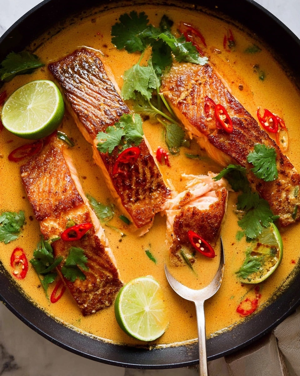 The image shows a dish with three cooked salmon pieces submerged in a creamy orange curry sauce inside a black pan set on a white marbled surface. The salmon pieces have a slightly browned, crispy texture on top, visible grill marks, and a moist pink flesh underneath. The curry sauce has a smooth, rich texture covering the bottom and sides of the pan. Red chili slices are scattered over the salmon and sauce, adding bright red spots. Fresh green cilantro leaves and pale green lime wedges with visible segments rest on and around the salmon, adding fresh color contrast. A silver spoon resting on one salmon fillet shows some sauce inside it. photo taken with an iphone --ar 4:5 --v 7