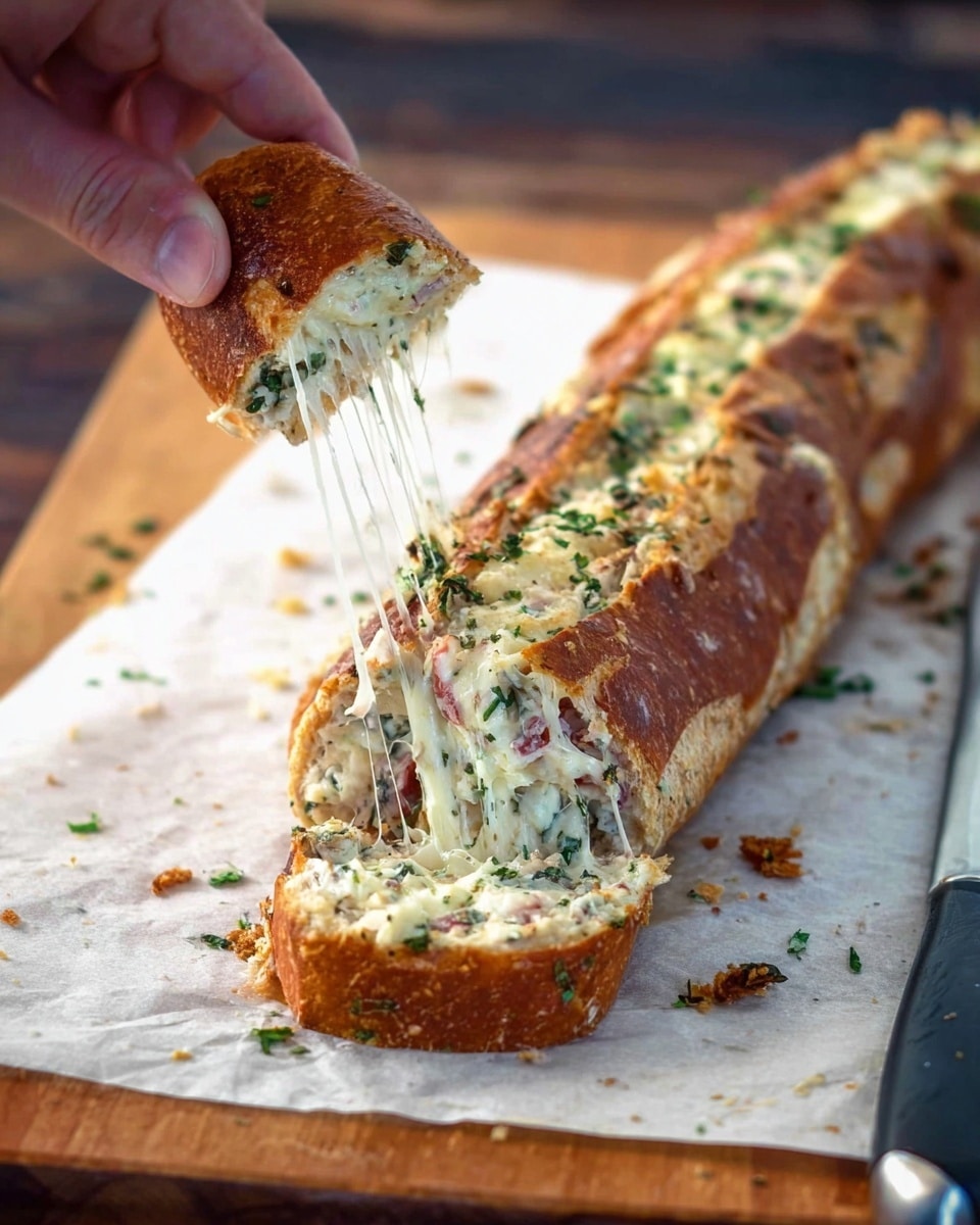 A long baguette style bread is sliced open lengthwise and filled with layers of different ingredients. The first visible layer inside the bread is a mix of creamy white cheese with flecks of green herbs and bits of pink meat, topped with a thick layer of melted white cheese that stretches as a woman's hand pulls a piece off from one end. The bread crust is golden brown and slightly crispy. The sandwich sits on white parchment paper on a wooden cutting board with a knife placed in the background. Some scattered green herbs and crumbs are visible on the cutting board. photo taken with an iphone --ar 4:5 --v 7