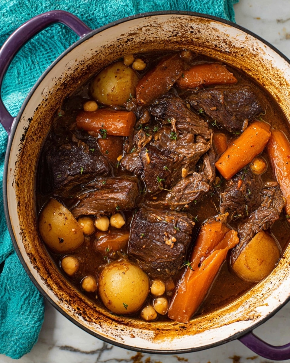 A close-up view inside a white enamel pot with purple handles filled with a rich beef stew. The stew has several layers: on top, large chunks of dark brown tender beef with visible grain and some moisture reflecting light; surrounding the beef are soft-looking, orange pieces of carrot and golden brown, round potato halves, all coated in glossy, thick brown gravy. There are also pale beige chickpeas scattered among the vegetables. The inner sides of the pot show brown stains from the cooked sauce. The pot is placed on a white marbled texture surface with a turquoise cloth partially visible in the top left corner. Photo taken with an iphone --ar 4:5 --v 7