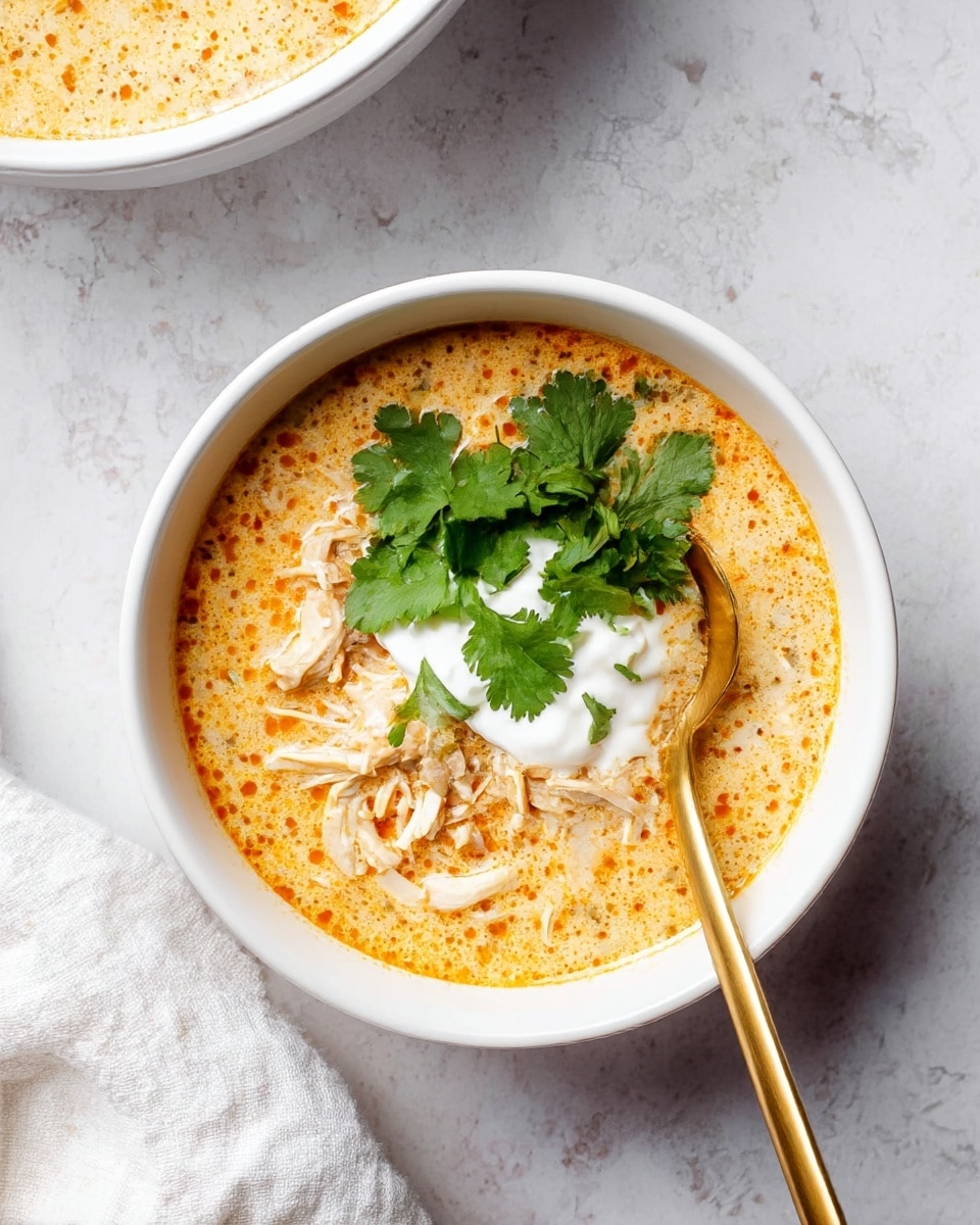 A white bowl filled with creamy soup that has an orange speckled surface and visible chunks of shredded chicken throughout. On top, there is a dollop of white sour cream and a small bunch of fresh green cilantro leaves placed in the center. A golden spoon rests inside the bowl, leaning against its rim. The bowl sits on a white marbled textured surface with part of another white bowl visible at the top. A white cloth is at the bottom left corner of the image. photo taken with an iphone --ar 4:5 --v 7