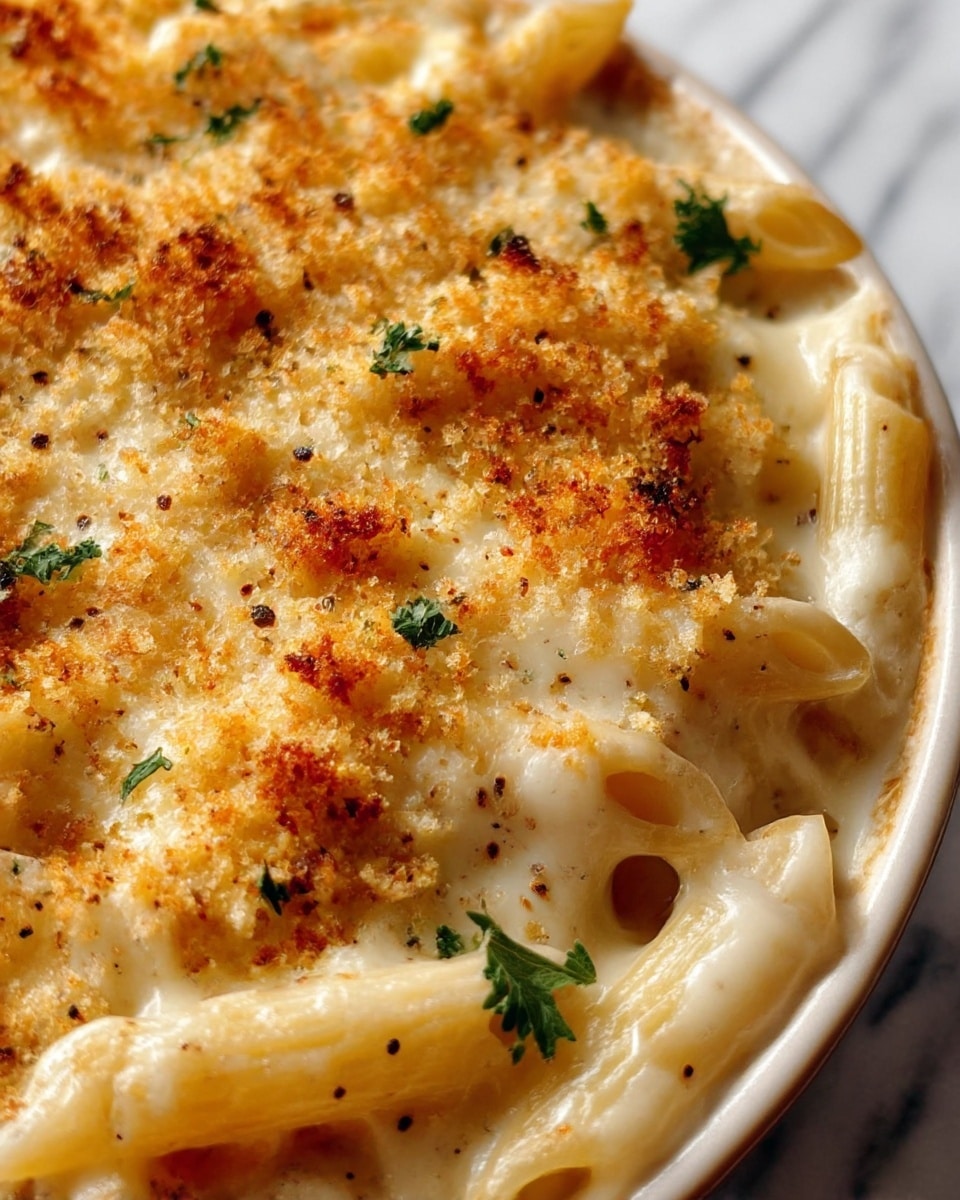 The image shows a close-up of baked pasta with penne noodles covered in a thick layer of melted creamy cheese sauce. On top, there is a golden-brown crumb layer with a crispy texture and small specks of black pepper and green parsley leaves scattered around. The pasta is served in a round white dish, and the background has a white marbled texture. photo taken with an iphone --ar 4:5 --v 7