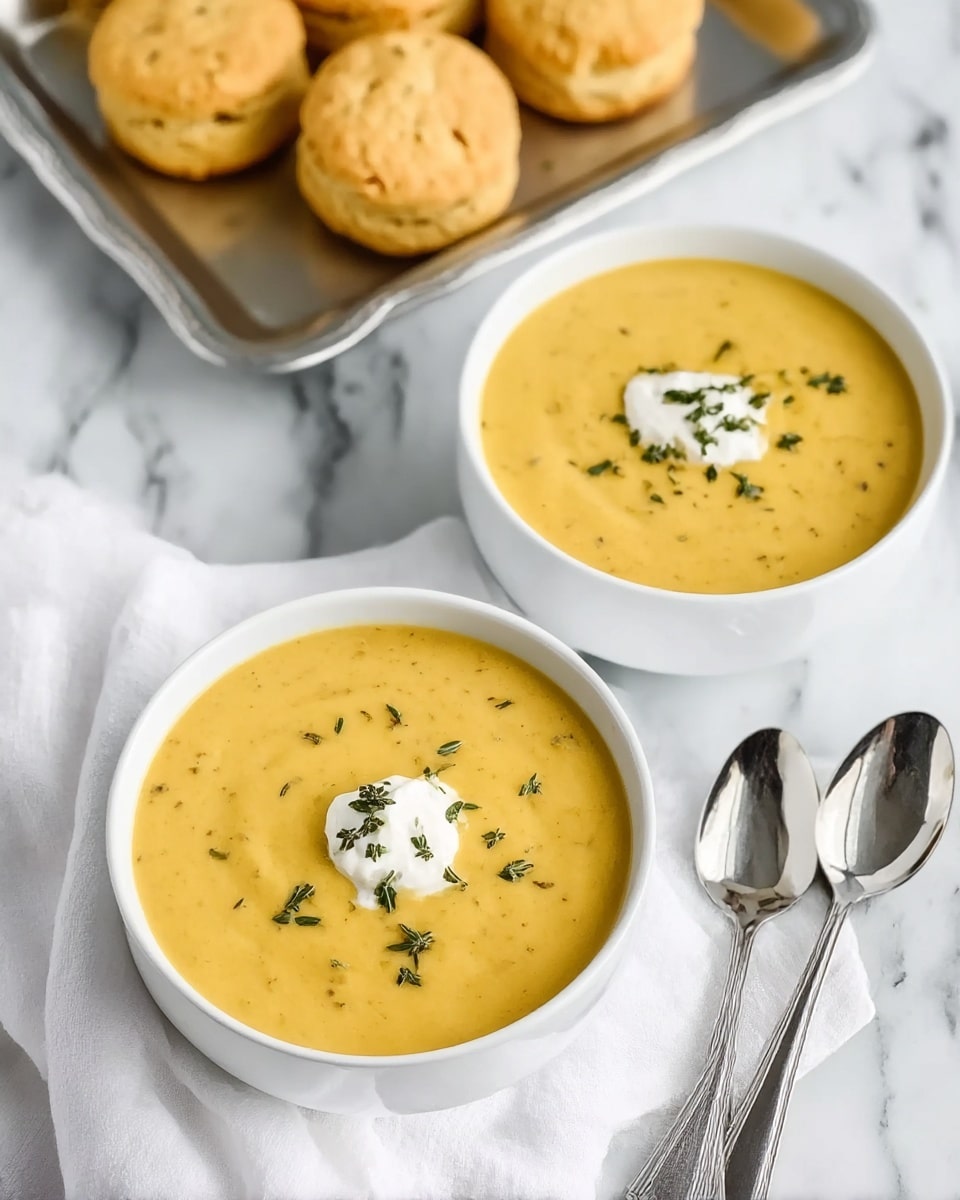The image shows two white bowls filled with creamy yellow soup, smooth in texture, each topped with a small dollop of white cream and sprinkled with green herbs. The bowls sit on a white marbled surface with a white cloth napkin folded next to them, along with two silver spoons resting on the napkin. In the background, there is a silver tray holding several golden-brown biscuits, slightly crumbled. The overall look is clean and inviting, with soft natural light highlighting the colors and textures. photo taken with an iphone --ar 4:5 --v 7