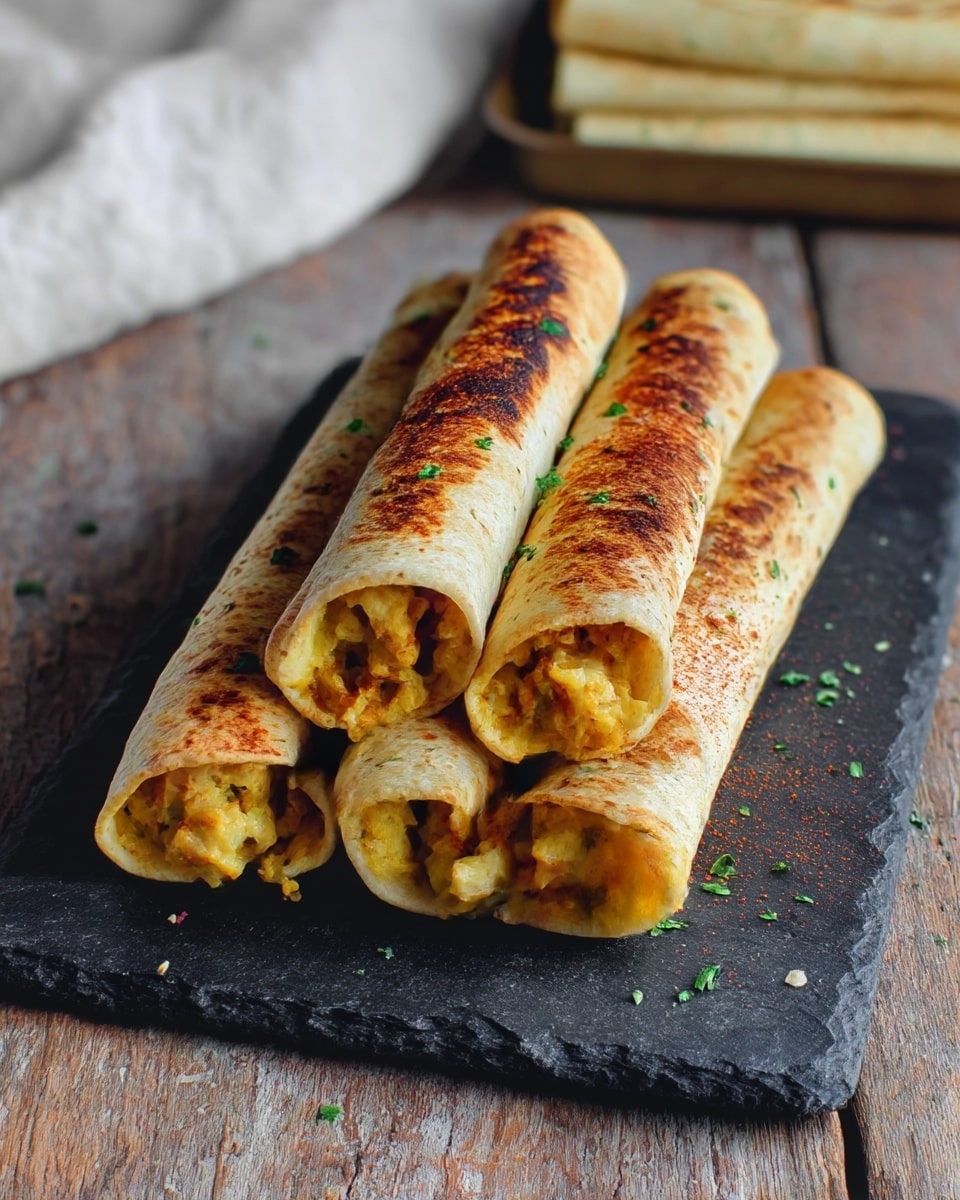 Five rolled tortillas are placed closely on a dark slate board, each showing a golden-brown toasted outer layer sprinkled with small green herb pieces. The top layer of each tortilla is slightly crisp with charred spots and a dusting of reddish seasoning. Inside, the filling is visible at the ends, consisting of crushed vegetables and melted cheese in shades of yellow and orange, giving a soft and hearty texture. The slate board rests on a rustic wooden surface with soft natural light highlighting the toastiness and fresh herbs. In the background, there is a white marbled texture with a white cloth on the left side and a tray holding more rolled tortillas blurred out. Photo taken with an iphone --ar 4:5 --v 7