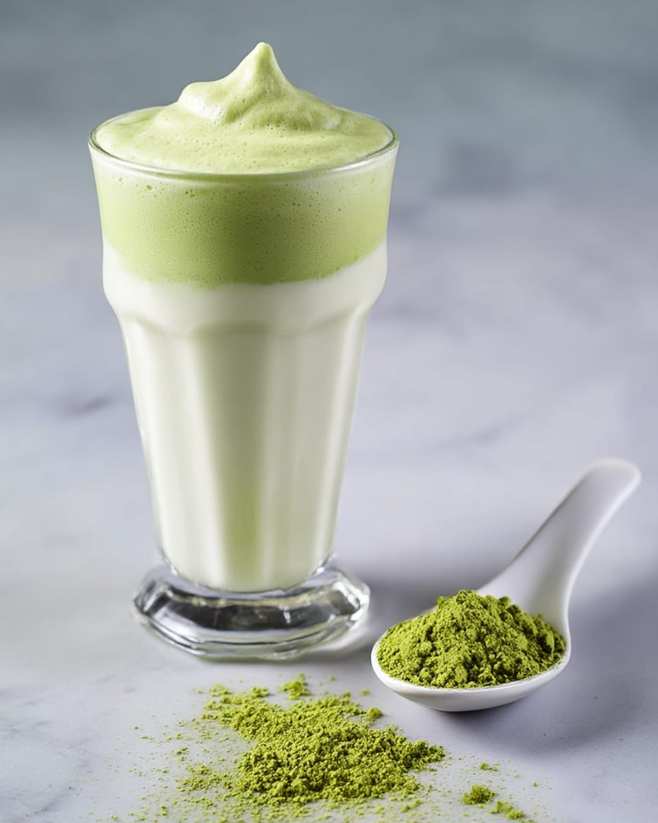 A tall clear glass filled with a two-layer drink is on a white marbled surface; the bottom layer is smooth and creamy white, while the top layer is thick, foamy, and light green with a slight peak. Next to the glass is a white spoon holding a heap of bright green powder, with some powder scattered around it. The background is soft and blurred, keeping the focus on the drink and powder. photo taken with an iphone --ar 4:5 --v 7