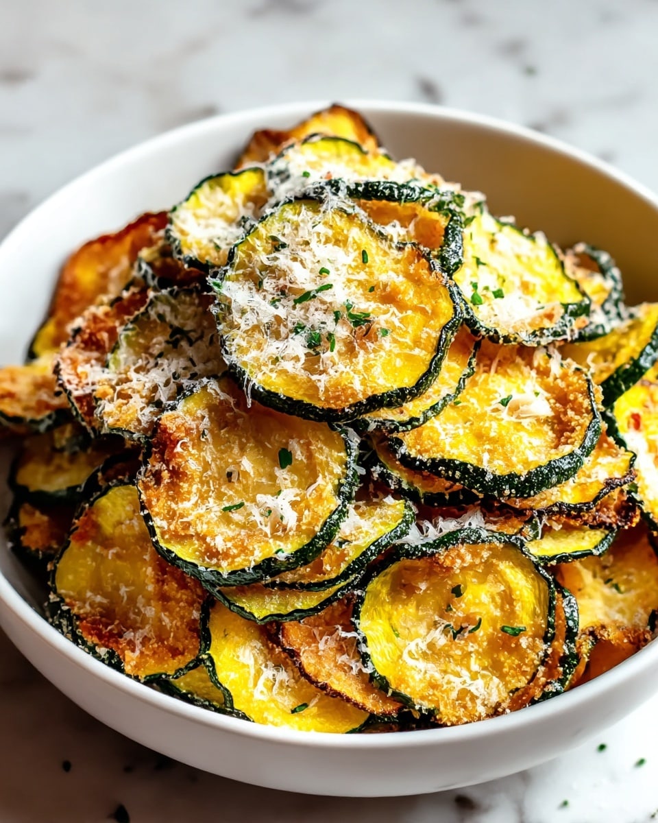 A close-up view of a white bowl filled with a single layer of thinly sliced, golden crispy zucchini chips. Each chip has a slightly browned edge with a sprinkle of finely grated white cheese on top, giving a light powdery texture. The zucchini slices show a dark green outer edge with a soft yellow center. Small green herb pieces are scattered gently over the chips. The bowl sits on a white marbled surface with a light beige cloth partially visible on the side. Photo taken with an iphone --ar 4:5 --v 7