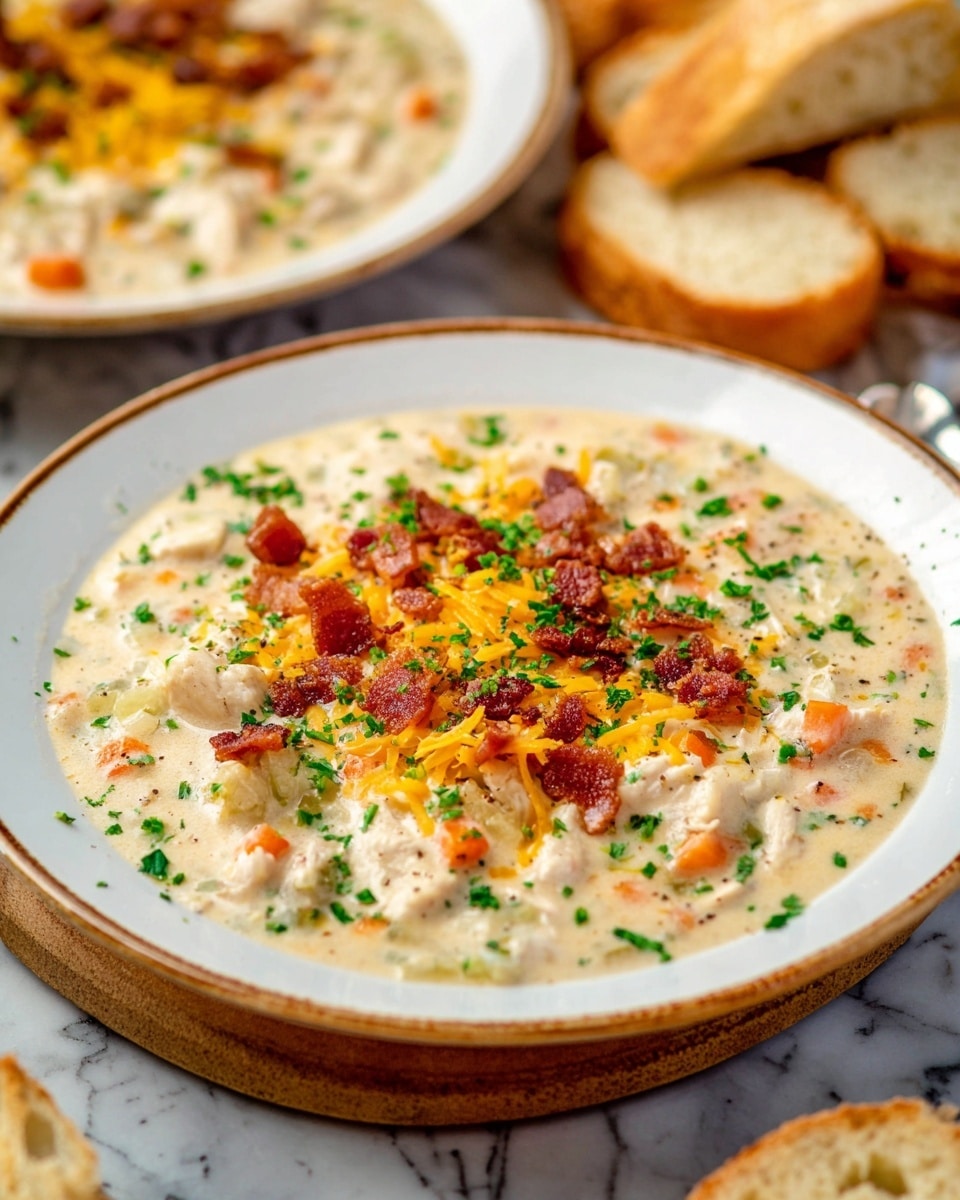A close-up of a white round plate with a creamy soup that has three main layers visible: a thick creamy base with chunks of white potato and chicken, an orange and white mix of shredded cheese melted on top, and a final layer sprinkled with chopped green onions, finely chopped parsley, and crispy small bacon pieces spread evenly in the center. Around the plate are white slices of soft bread, and the entire scene is set on a white marbled texture surface. Photo taken with an iphone --ar 4:5 --v 7