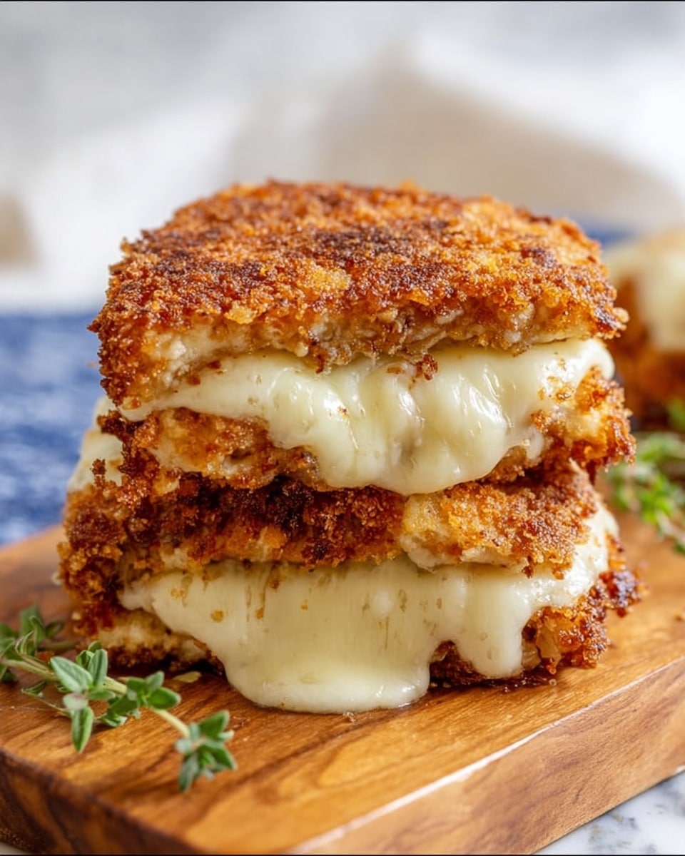 The dish shows a stack of two thick sandwiches made with crispy, golden brown bread that has a crunchy texture. Each sandwich layer is filled with creamy melted cheese that is soft and gooey, stretching slightly between the layers. The sandwiches sit on a smooth wooden board, with some green leaves blurred in the background. The focus is on the rich texture of the toasted bread and the soft, shiny cheese inside. The background shows a white marbled surface and some blue fabric out of focus. photo taken with an iphone --ar 4:5 --v 7