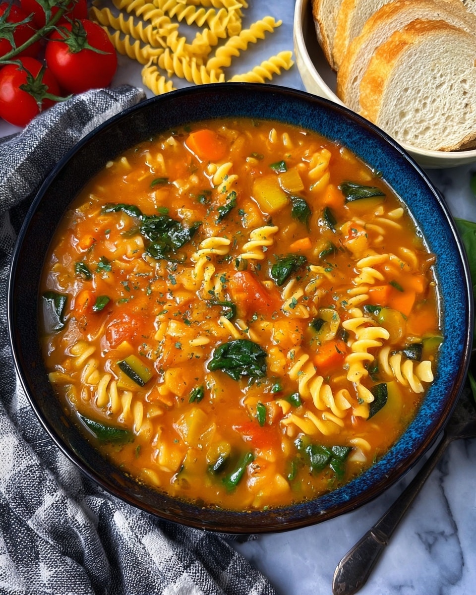 A deep black bowl filled with a vibrant orange tomato-based soup with ruffled pasta pieces, bright green spinach leaves, small chopped zucchini and diced orange carrots mixed throughout. The soup has a chunky texture with visible lentils and bits of fresh herbs sprinkled on top. Behind the bowl, there is a white bowl holding slices of light brown olive bread with a rough crust, placed on a white marbled surface. A bunch of red cherry tomatoes still on the vine rests next to the bread bowl, along with a few uncooked pasta pieces in the foreground and a gray and white patterned cloth nearby. photo taken with an iphone --ar 4:5 --v 7