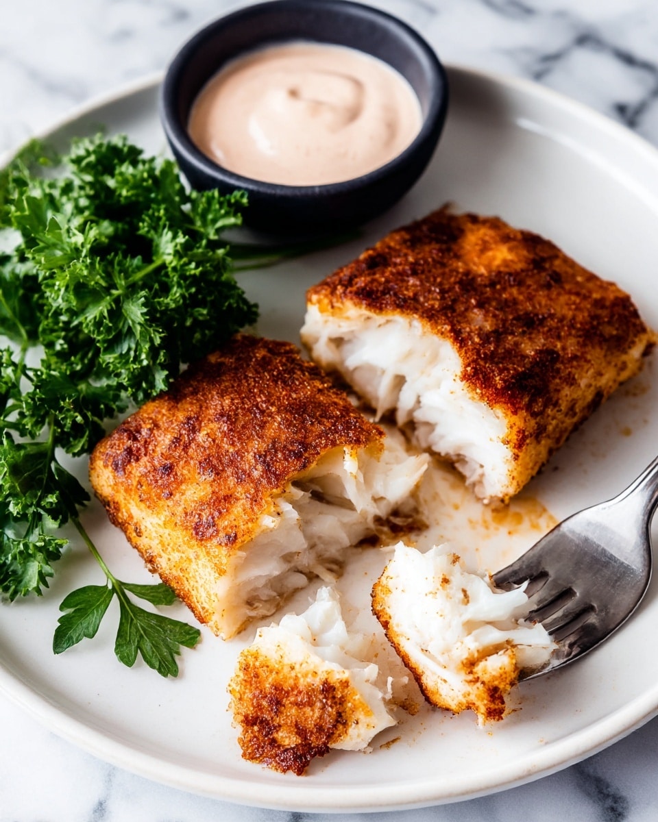 The image shows a white plate with a piece of fish fillet cut into two parts. The fish has a crispy brown and reddish spice-coated crust on the top layer, while the inside is white and flaky. Some pieces of the fish are broken off and held by a fork on the right side. On the top left of the plate, there is a small black bowl filled with light pink creamy sauce. Next to the fish and the bowl, there is a small bunch of fresh curly green parsley. The plate is on a white marbled surface. photo taken with an iphone --ar 4:5 --v 7