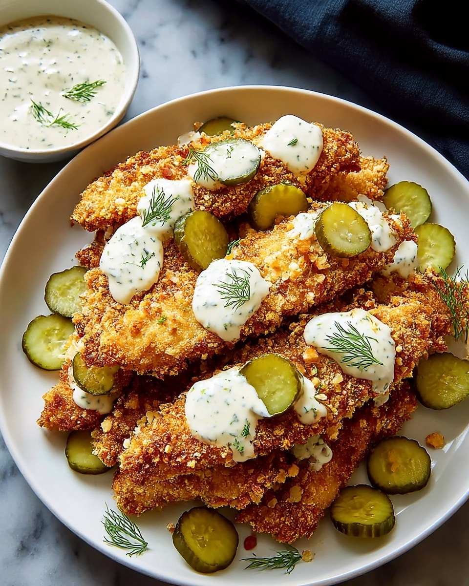 A white plate filled with several layers of crispy, golden brown breaded chicken strips, each piece showing a crunchy texture with small breadcrumb bits. Scattered thin green pickle slices sit on and around the chicken layers, adding a fresh contrast. Dollops of white creamy sauce with visible green herb specks are spread unevenly across the chicken pieces. Small sprigs of fresh dill garnish the top, adding a touch of green. In the top left corner, a white bowl with extra creamy sauce is partly visible. The whole scene is set on a white marbled texture. Photo taken with an iphone --ar 4:5 --v 7