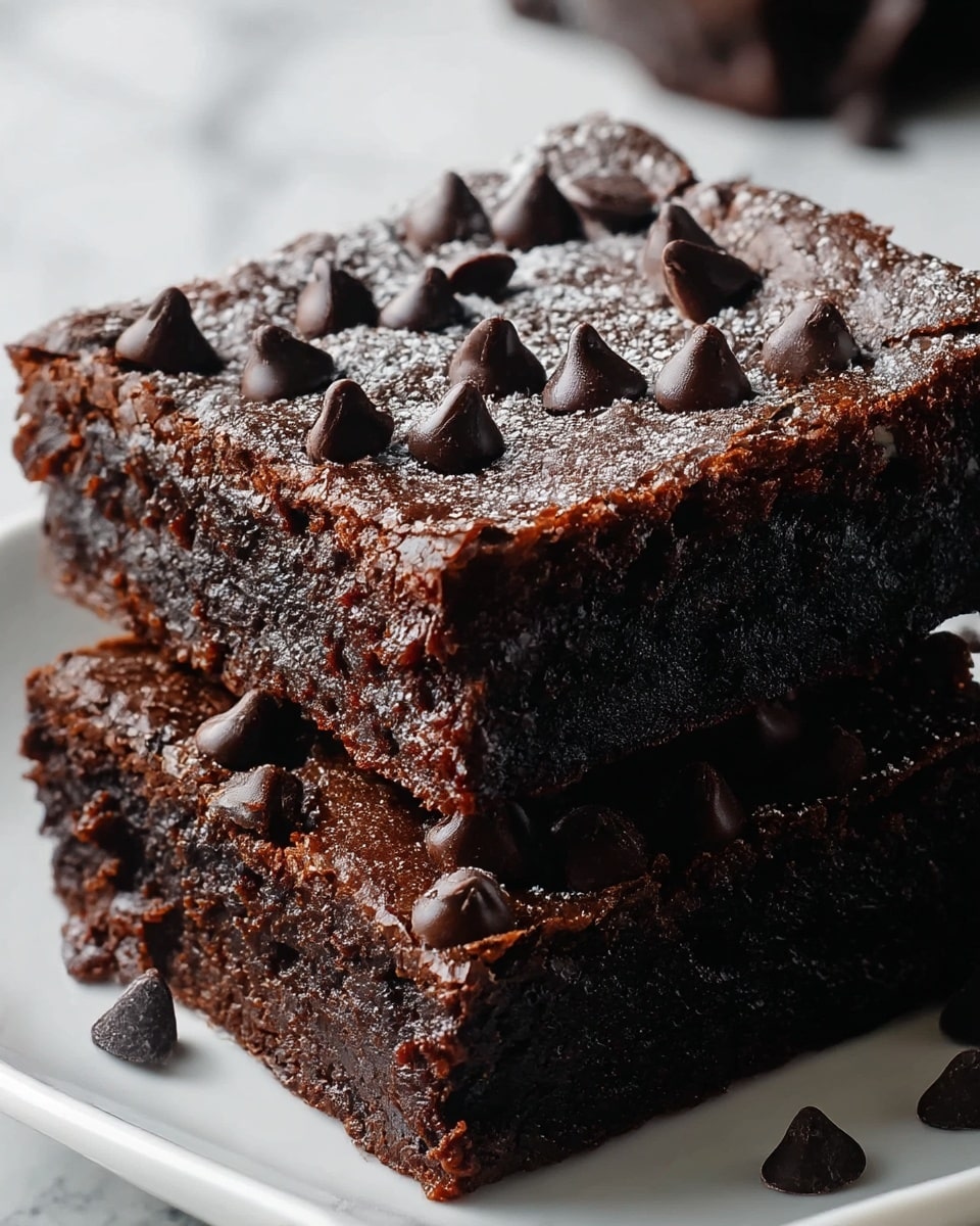 Two thick square brownies stacked on top of each other on a white plate, each brownie layer is dark brown with a moist, slightly crumbly texture, topped with scattered semi-melted dark chocolate chips and a light dusting of white powdered sugar. The top brownie piece shows a crackled crust giving a rich, dense look. The background is a white marbled texture. photo taken with an iphone --ar 4:5 --v 7