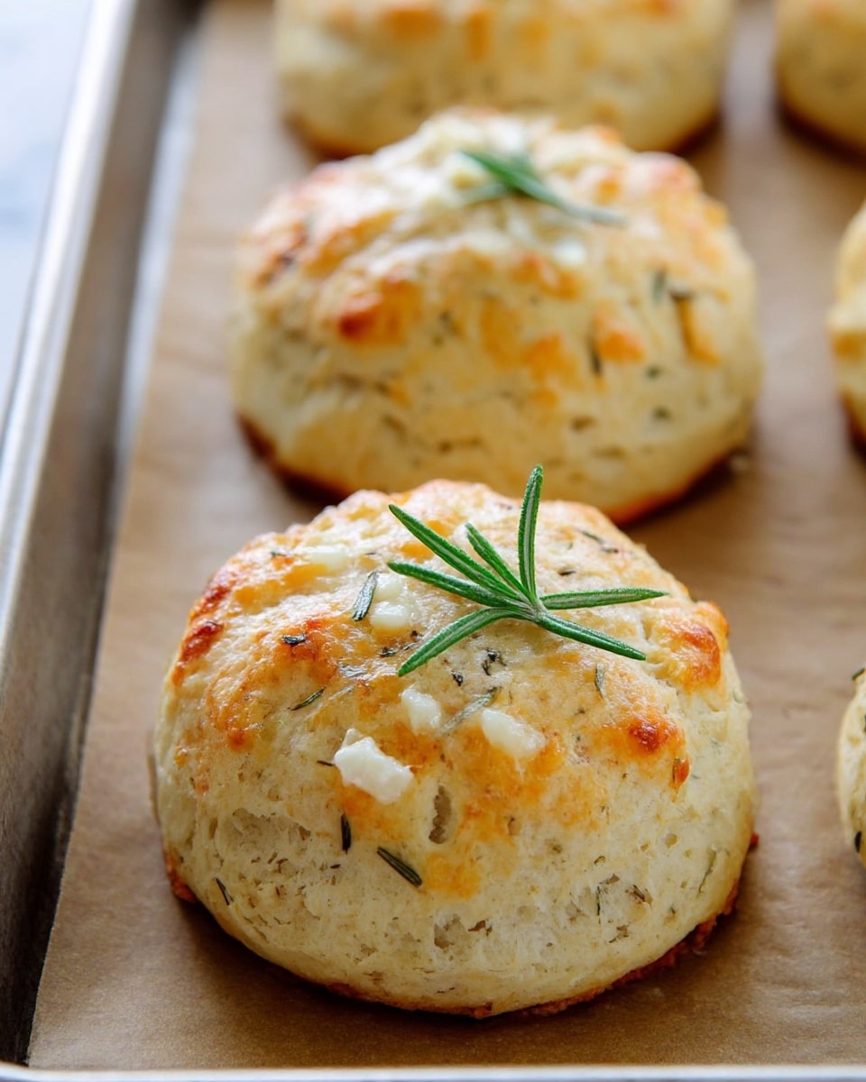 The image shows close-up golden brown herb biscuits on a baking tray lined with brown parchment paper. Each biscuit is round and puffy with a slightly rough, crumbly texture and a soft, fluffy inside layer. The top layer is uneven with small golden spots from baking, sprinkled with herbs and small white cheese bits. A green rosemary sprig sits on top of the front biscuit, adding color contrast. The tray and biscuits are the main focus with a white marbled surface blurred in the background. photo taken with an iphone --ar 4:5 --v 7