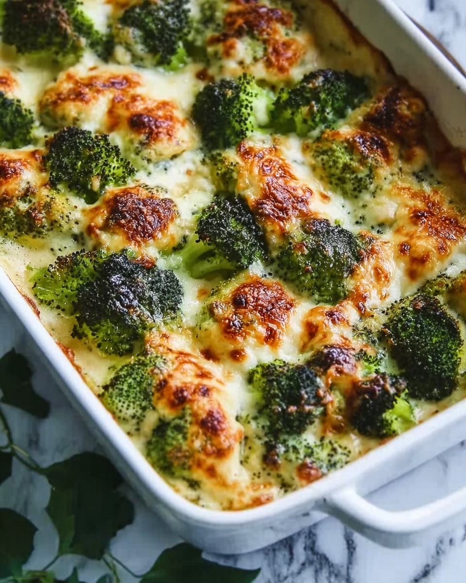 A white rectangular baking dish holds a baked broccoli casserole with about two layers visible: the bottom layer is bright green broccoli florets with a rough, textured surface, and the top layer consists of golden-brown, melted cheese spots that are bubbly and slightly crispy, scattered unevenly over the broccoli. The edges of the dish show some browned melted cheese and creamy sauce spilling over, adding a rustic look. The dish sits on a white marbled surface with a few green leaves blurred in the background, giving a fresh touch. photo taken with an iphone --ar 4:5 --v 7