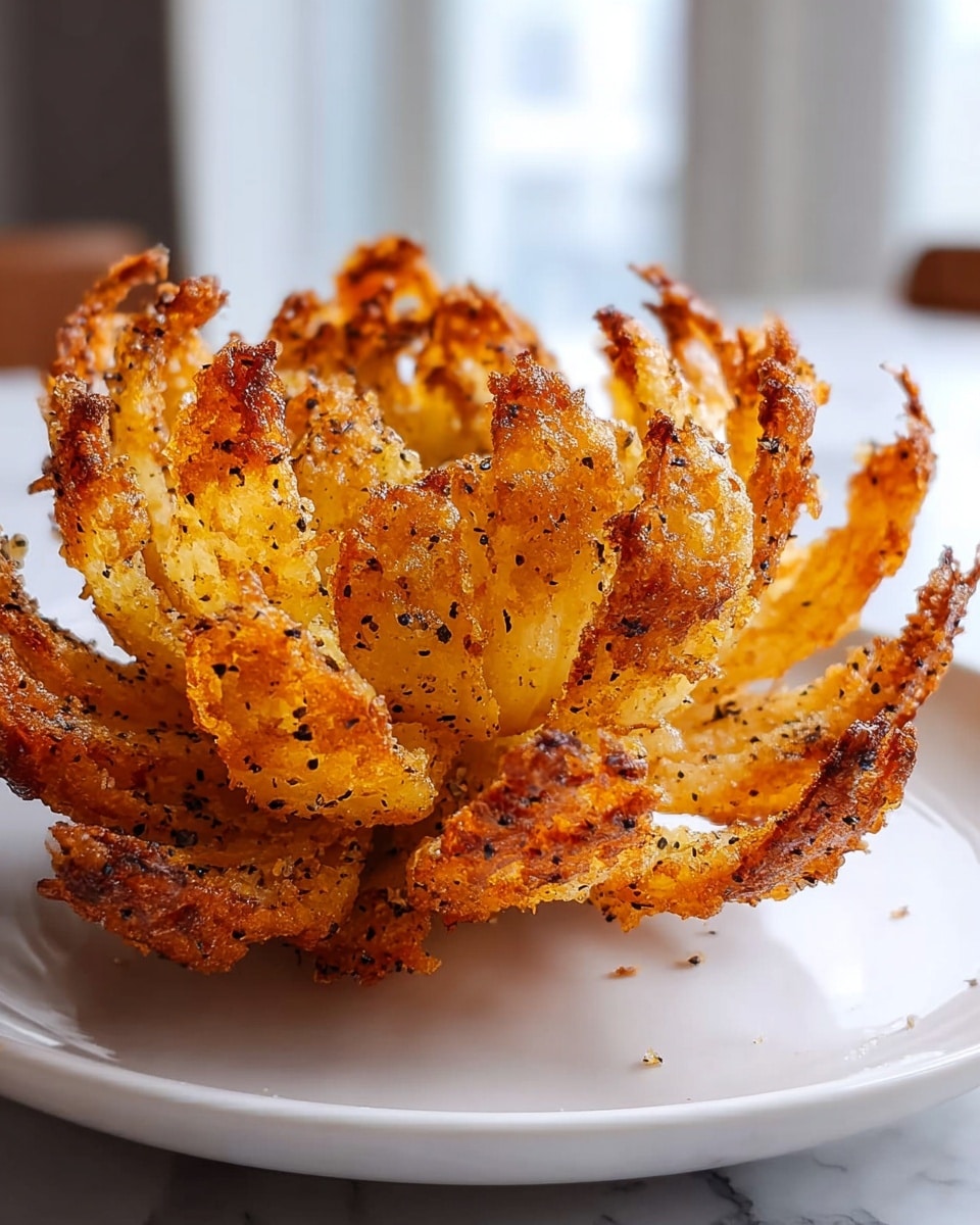 A fried blooming onion with multiple golden brown layers resembles a flower with crispy edges that are darker and almost burnt. The petals are spread open, showing a rough texture with tiny black pepper bits sprinkled across the yellow and orange crispy fried surface. It sits on a smooth, white plate, with soft light coming from the windows in the blurred background, and a white marbled texture beneath. photo taken with an iphone --ar 4:5 --v 7