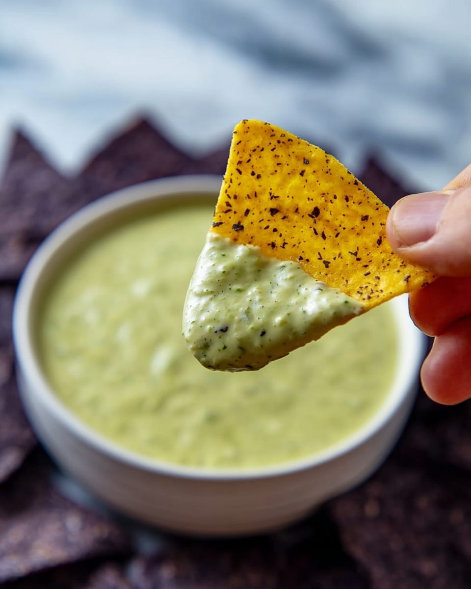 A yellow triangular corn chip with visible black specks is held by a person's fingers on the right side of the image, dipped halfway into a creamy, light green sauce with a slightly chunky texture, small bits are visible in it. Behind the chip is a white bowl filled with the same green sauce, sitting on a white marbled surface, with dark blue corn chips softly out of focus in the background. photo taken with an iphone --ar 4:5 --v 7