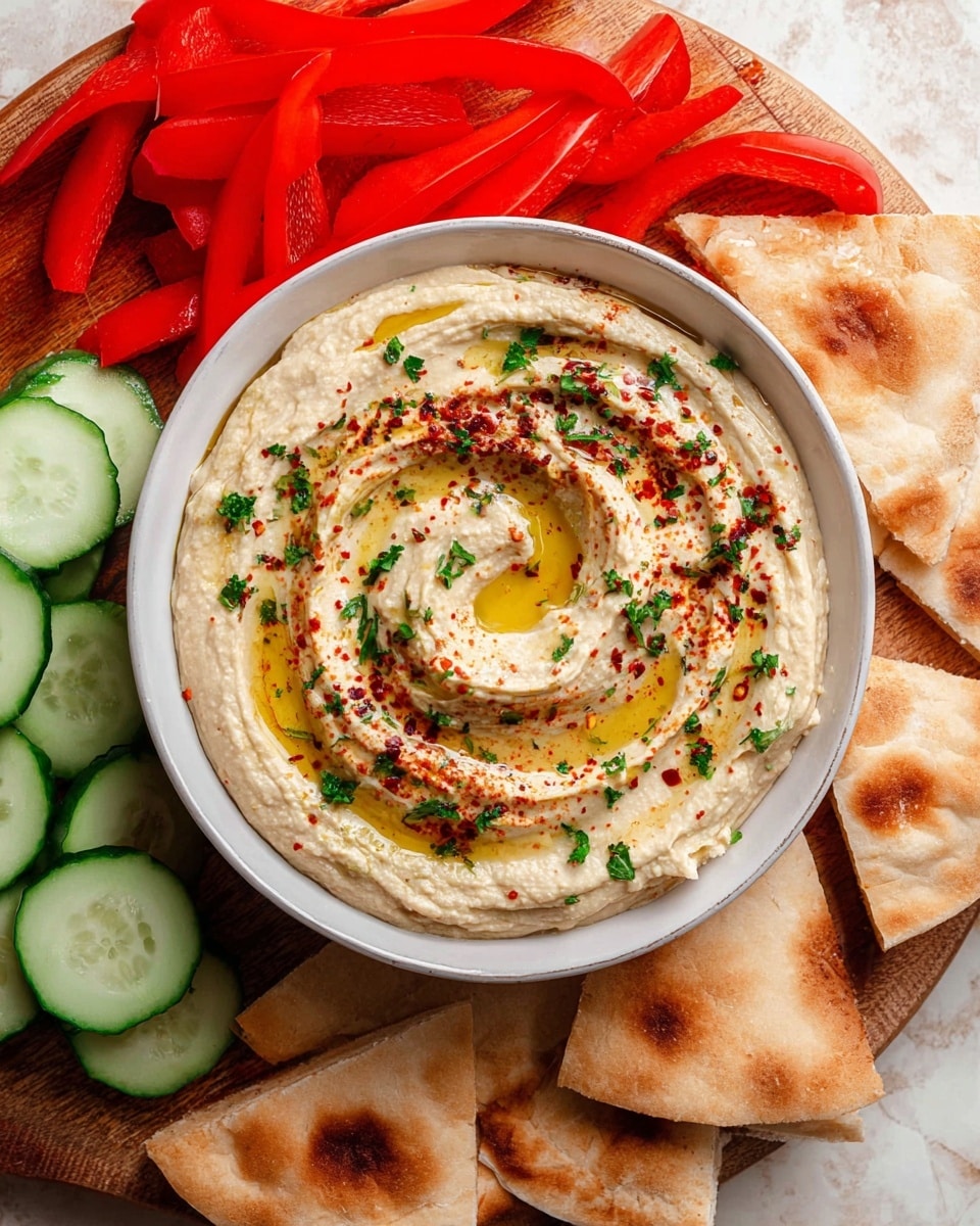 A white bowl filled with creamy beige hummus swirled in a spiral pattern, topped with golden olive oil, sprinkled red paprika, and small green parsley pieces scattered on top. The bowl is placed on a wooden round board surrounded by triangular pieces of light brown pita bread with golden toasted spots. To the top and right of the bowl, several bright red bell pepper strips are arranged next to thinly sliced pale green cucumbers with darker green edges. The whole setup sits on a white marbled textured surface. Photo taken with an iphone --ar 4:5 --v 7