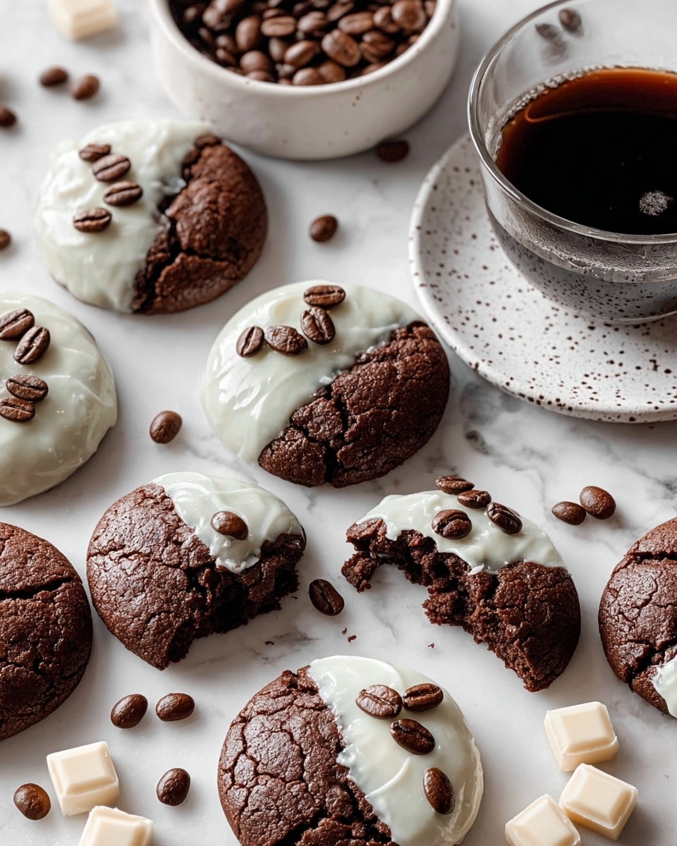 The image shows several round chocolate cookies with a cracked surface, half covered with smooth white icing. Each cookie is decorated with shiny brown coffee beans on top. One cookie is broken into pieces, showing a soft, crumbly inside. Around the cookies, there are white chocolate chunks and scattered coffee beans on a white marbled surface. A white bowl filled with whole coffee beans and a glass cup of black coffee on a white speckled saucer are also visible, adding dark and light brown tones. The whole setting is bright and clean. photo taken with an iphone --ar 4:5 --v 7