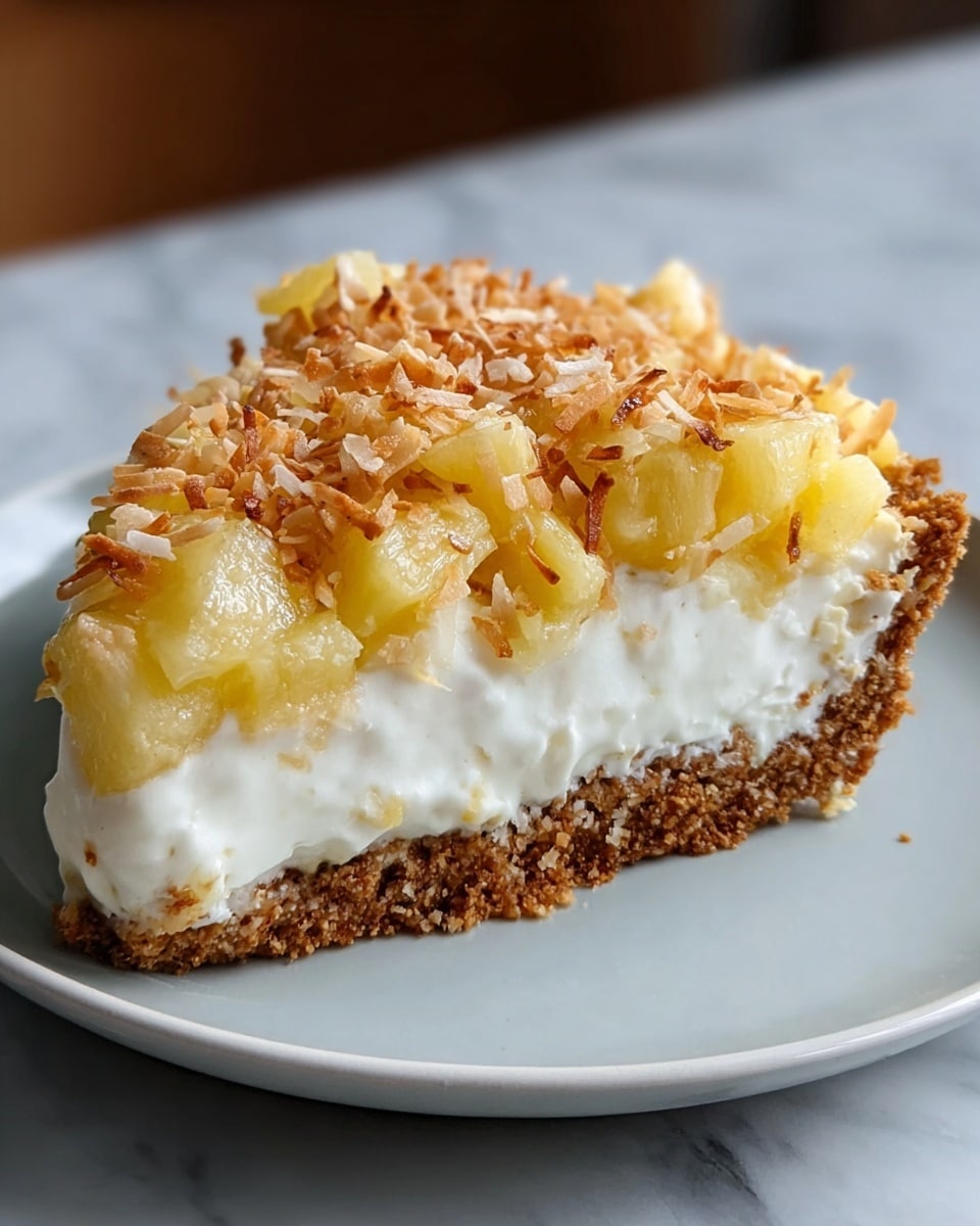 A close-up of a slice of pie with three layers on a white plate, placed on a white marbled surface. The bottom layer is a coarse, crumbly brown crust. The thick middle layer is creamy white with a smooth texture. The top layer has yellow pineapple chunks and a generous sprinkle of toasted coconut flakes that are golden brown and white. The photo taken with an iphone --ar 4:5 --v 7