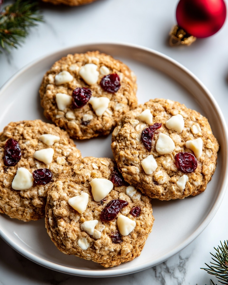 Four oatmeal cookies with visible oats form the base layer on a white plate with a light speckled pattern. Each cookie is topped with scattered pieces of dark red dried cranberries and small chunks of creamy white chocolate, creating a contrast in colors and textures. The cookies have a slightly rough and crumbly texture. The white marbled surface beneath the plate adds a clean, bright background, and there is a small red Christmas ornament and some blurred cookies visible in the background. Photo taken with an iphone --ar 4:5 --v 7